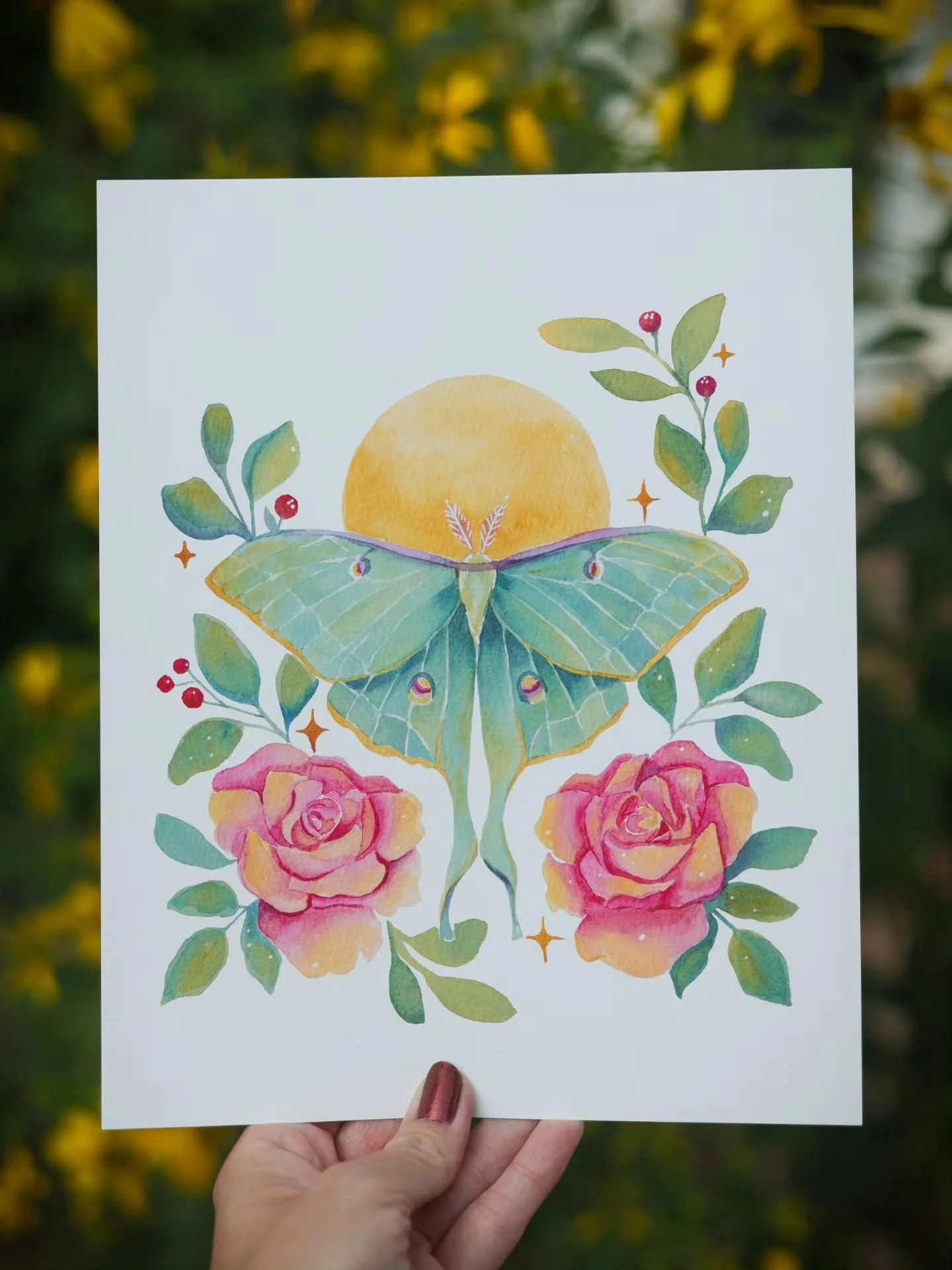 Luna and Roses 🌹 
.
This design has been a favorite of my collectors! Dreamy, floral, whimsical garden and with a special touch- gold leaf ✨️ 
.
Available in fine art prints and greeting cards!🦋
.
Thanks for the prompt! #creativehighlights26 
.
@li