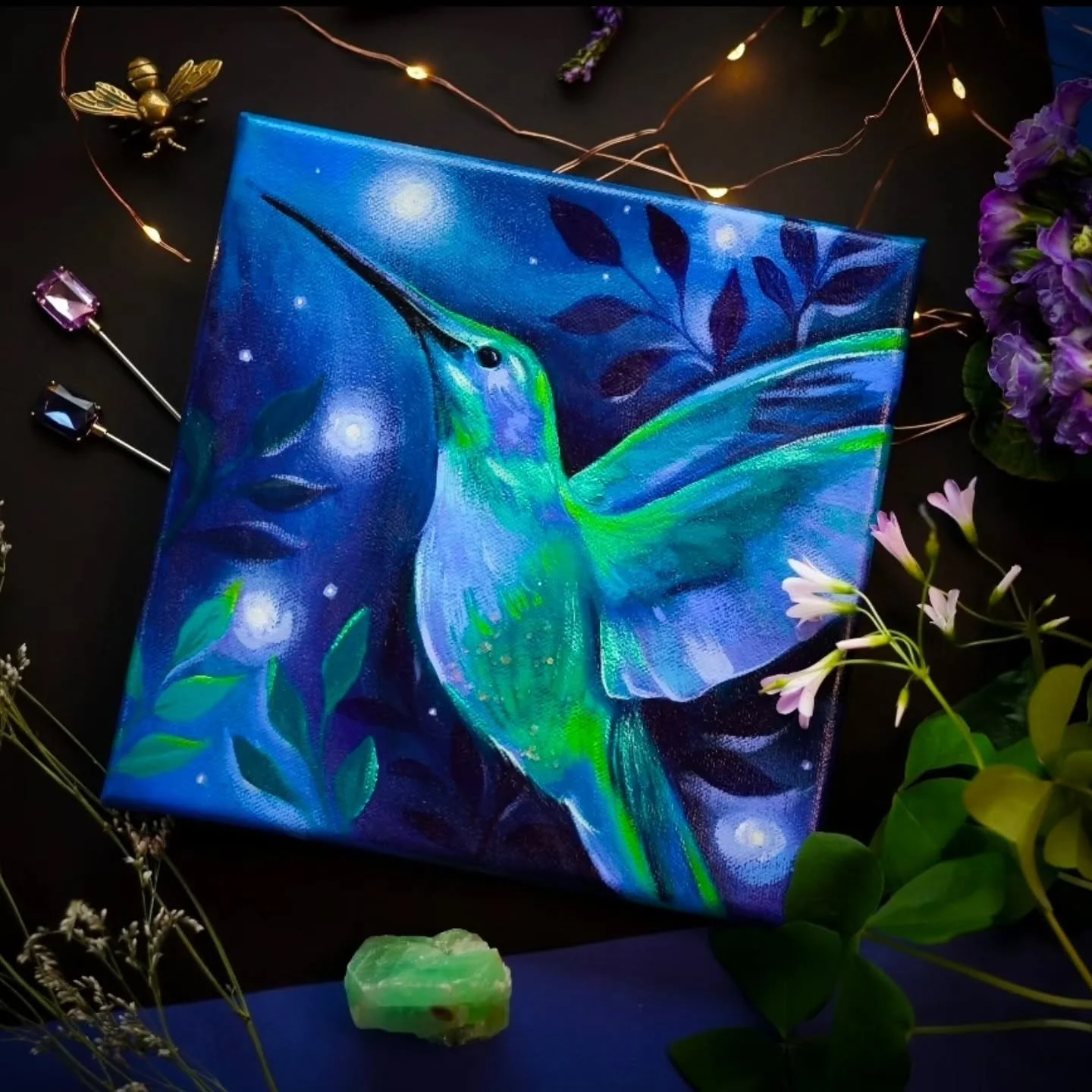 Each painting holds deep meaning. From sparkling jewels, visiting my front porch(hummingbirds) to silly shenanigans in the moonlight, there's an experience and story ingrained in each and every painting! 

.
What inspires your work?✨️ 
.
.
All painti