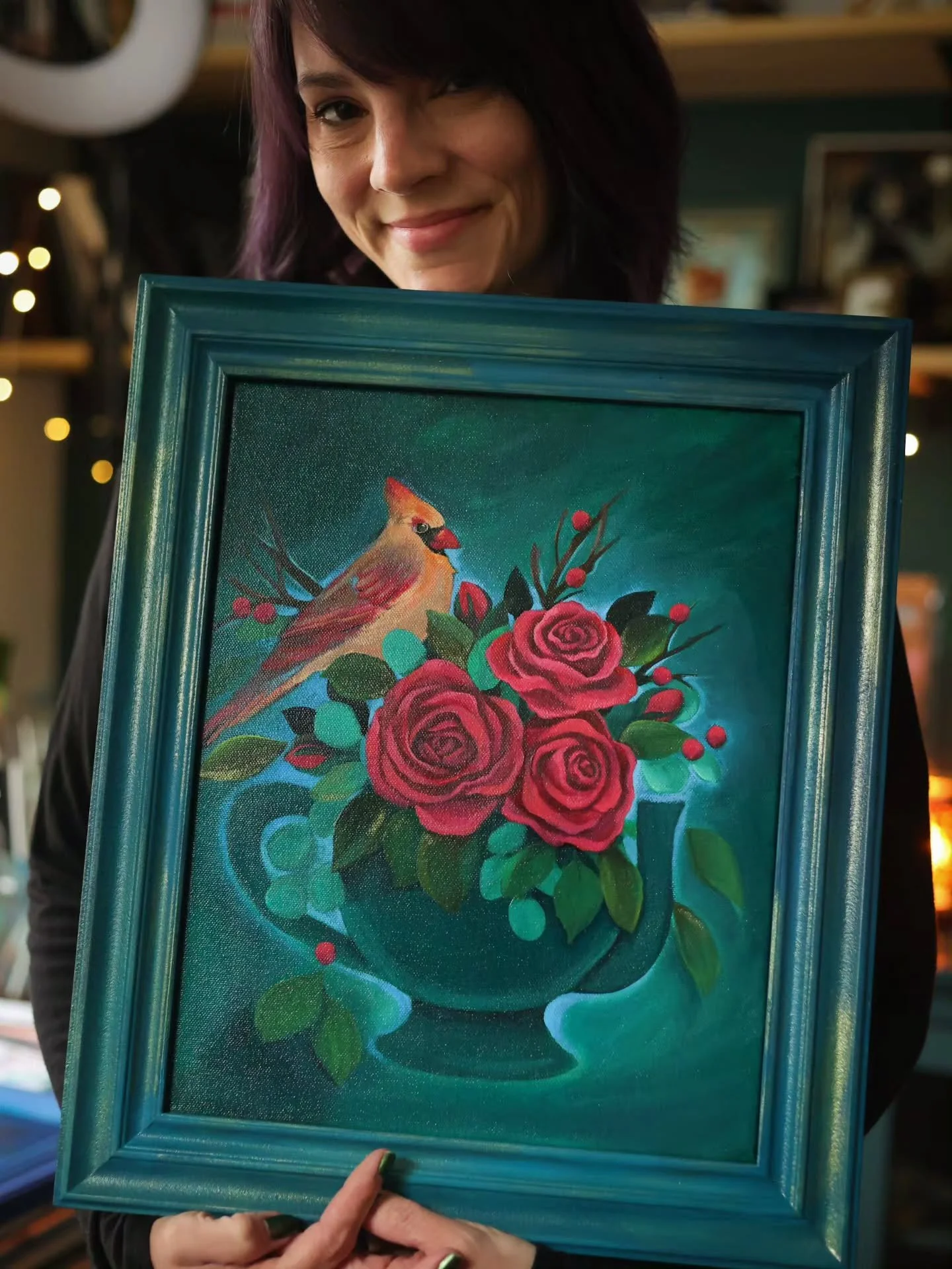 The painting and the inspo✨️&hearts;️

Mrs. Cardinal visits everyday and I am always delighted- she doesn't have the flashy color of the male, but just as beautiful to me! I thought she was a perfect inspiration for my rose teapot! 🌹 
.
This paintin