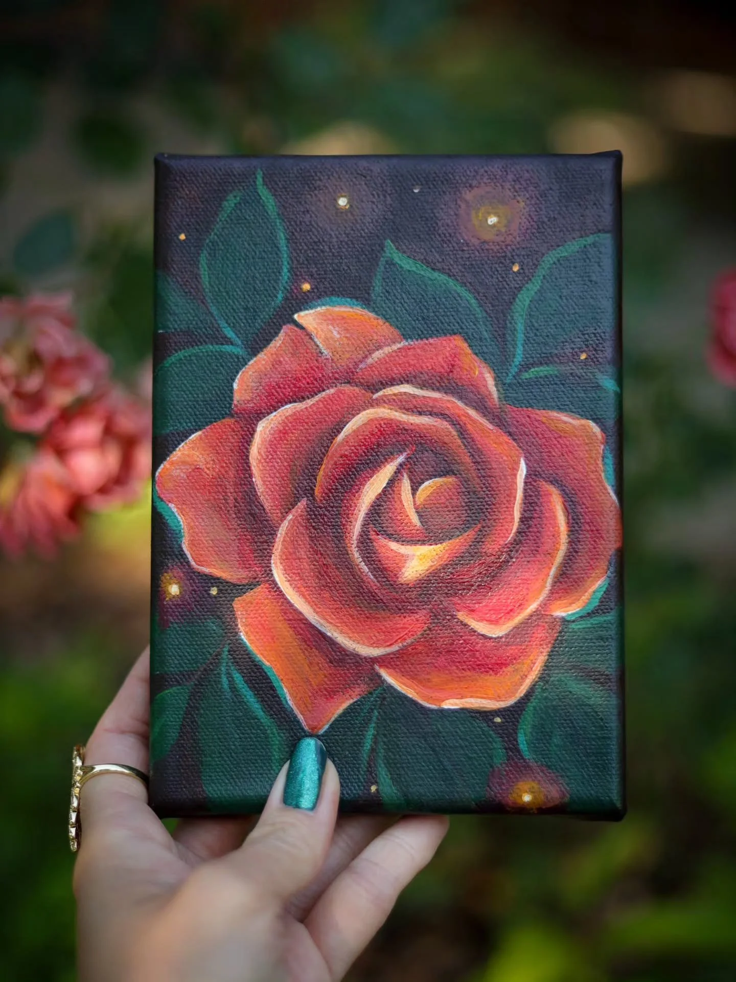 After a finishing up my recent rose and monarch painting, I decided to grab a small 5x7 Inch canvas from the stash and paint just a rose to accompany! 
Now for tomorrow, I have a mini mini- a 4x4 inch canvas awaiting another painting to go along with
