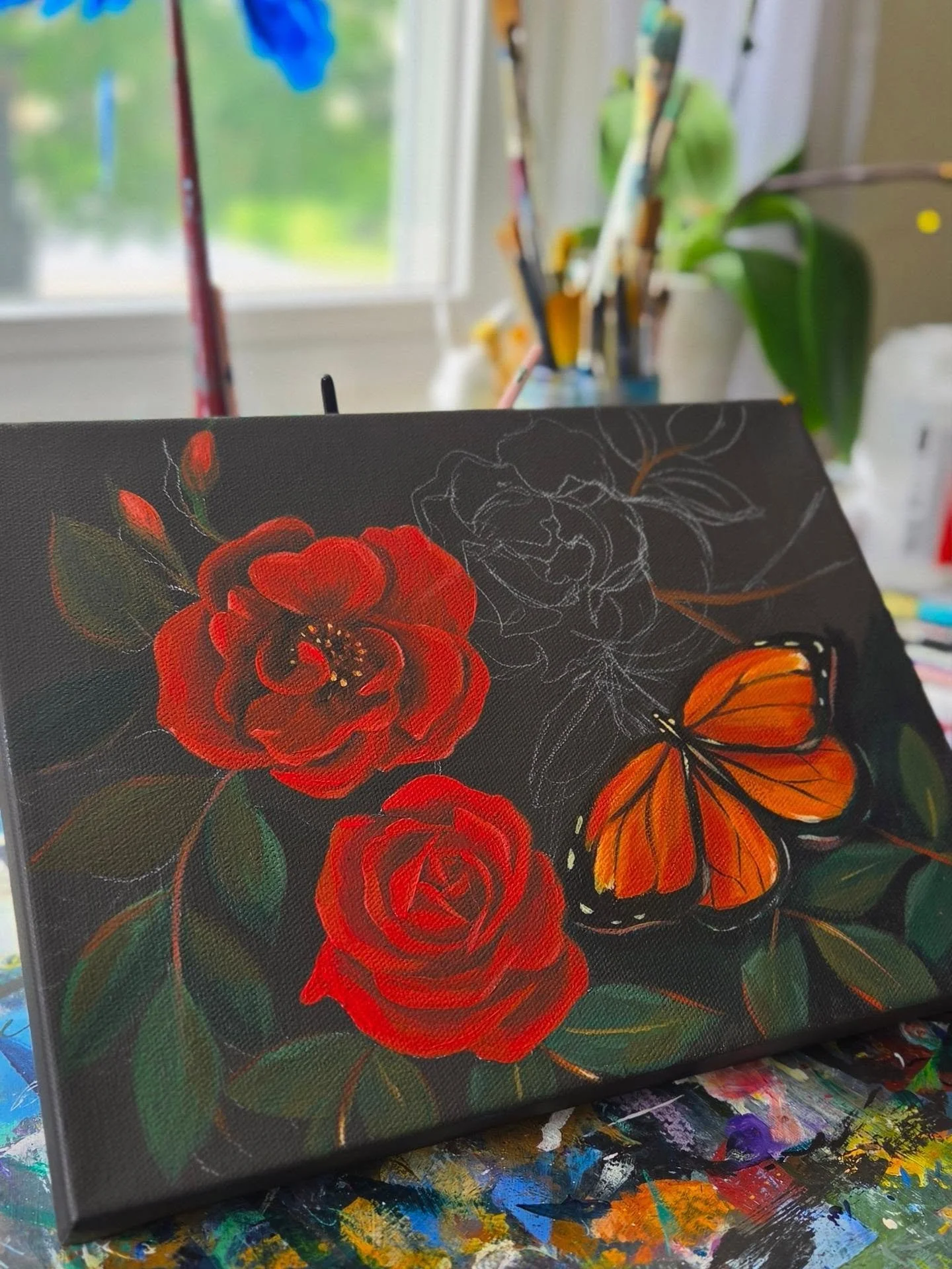 Worked on this love yesterday 🌹

To start, I covered the canvas in a mix of black and burnt umber- it looked like a delicious dark chocolate color!

The white outline is a white charcoal pencil- easy to erase-if needed and to paint over.

 I mixed r