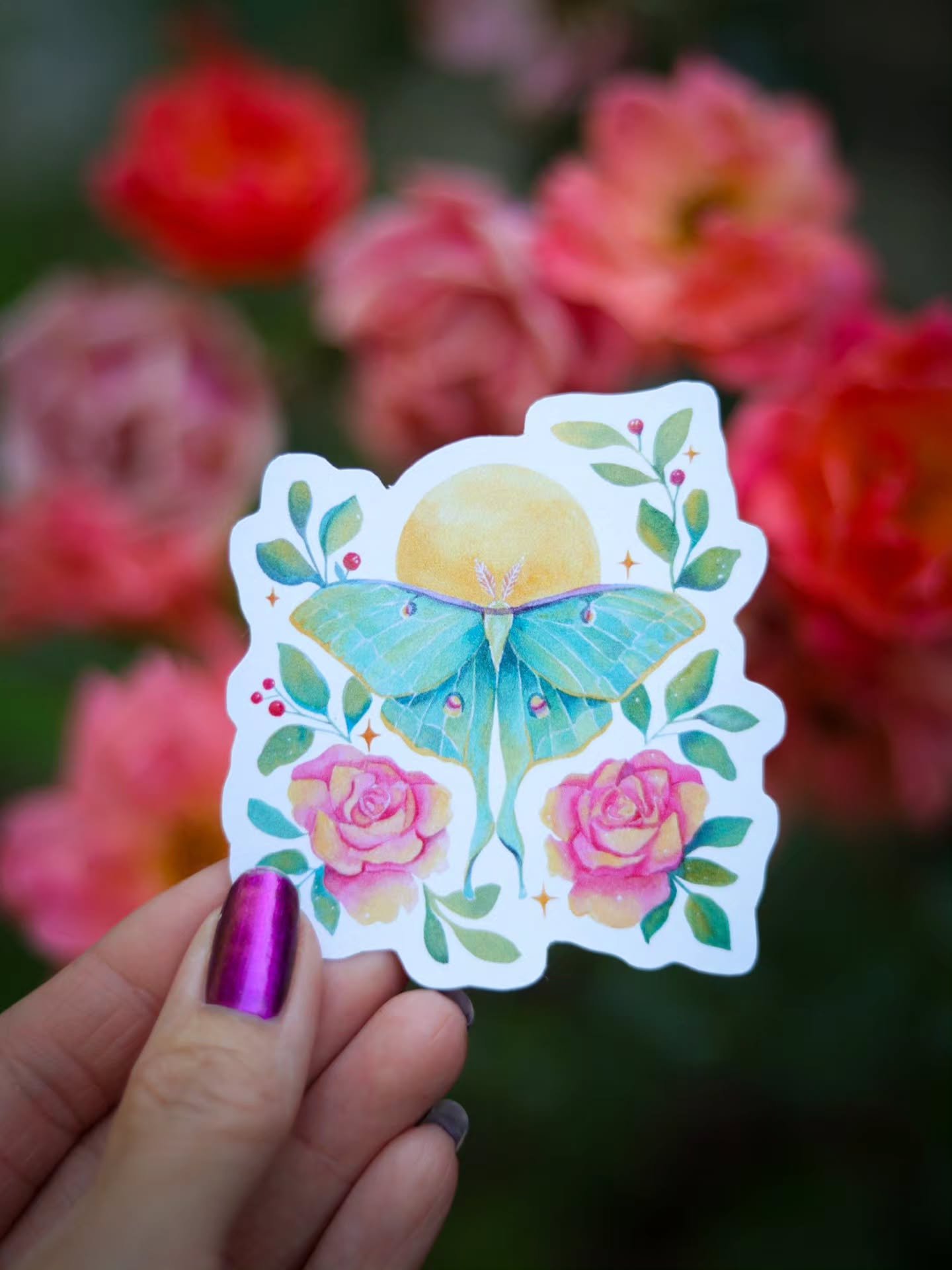 New Stickers ✨️🦋
.
Lovely luna moth and roses 🌹 
.
Available on my website 💚