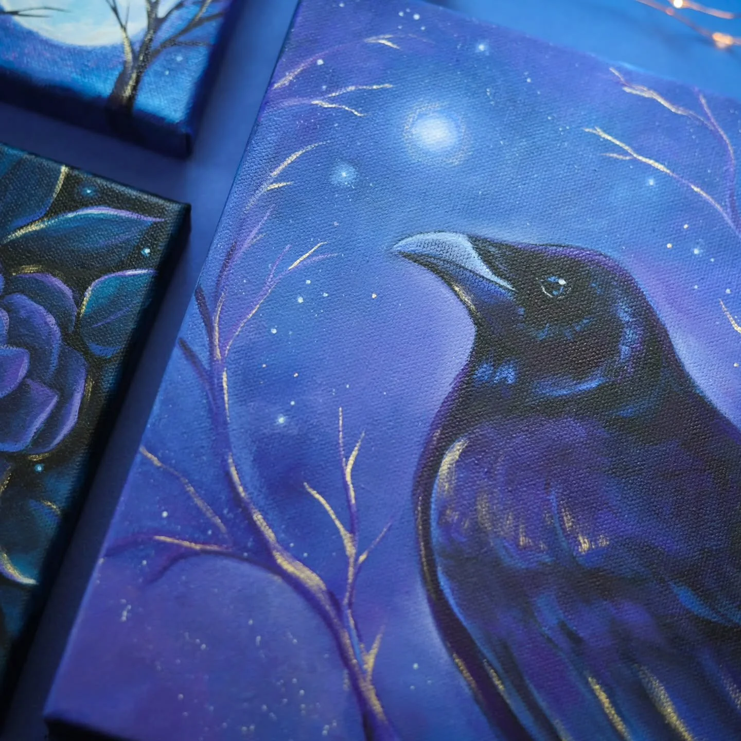There was a lot of resistance with this trio, and so glad I pushed through. Now I love them! 🌌
I really wanted to paint a crow since they have been visiting me lately. And I'm feeling a bit crow like lately too! Collecting jars and rings and shining