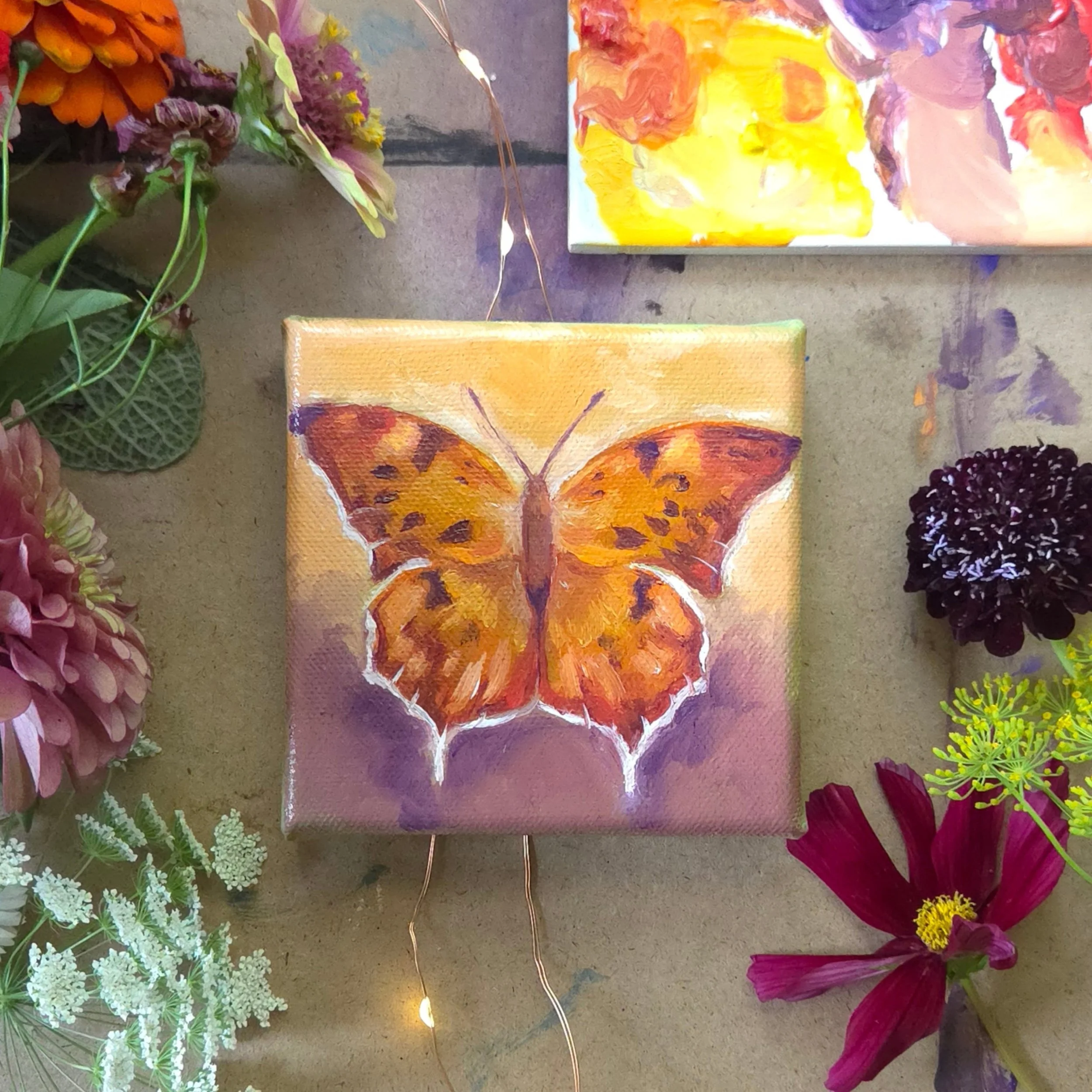 The first butterfly painting in my new series! This butterfly is called The Question Mark Butterfly ~Polygonia interrogationis
.
I saw a question mark this weekend as I was picking flowers at a local flower farm with my husband and our dog, Ruby! (Ou