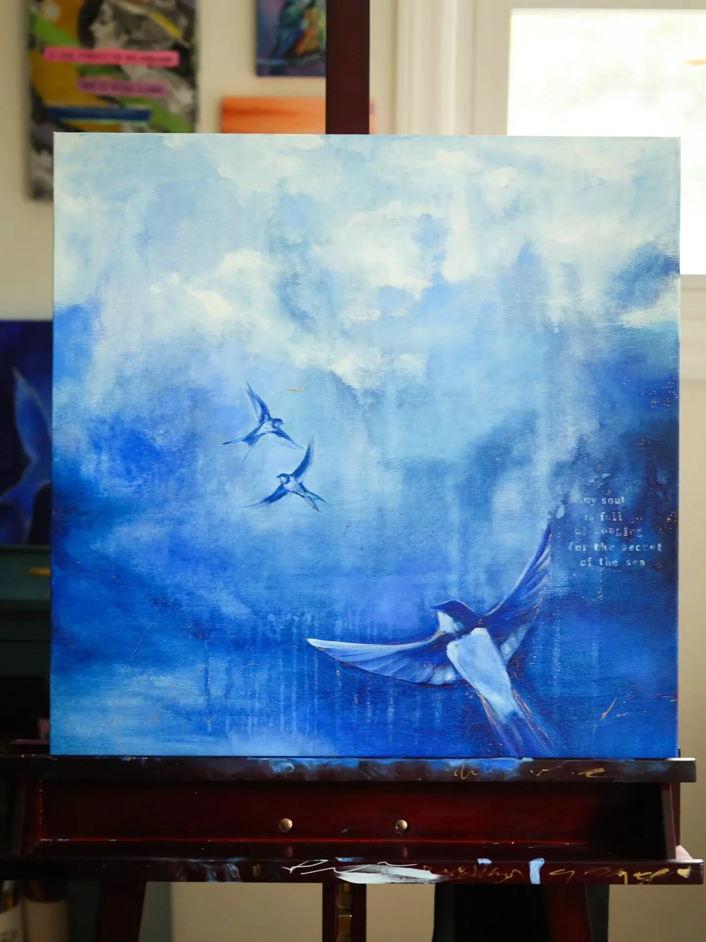 I didn't plan for this painting to have clouds, but it does! The painting wanted to be this and so happy it did, I love it💙🌊✨️
.
.
#oceanart #treeswallow #birdpainting