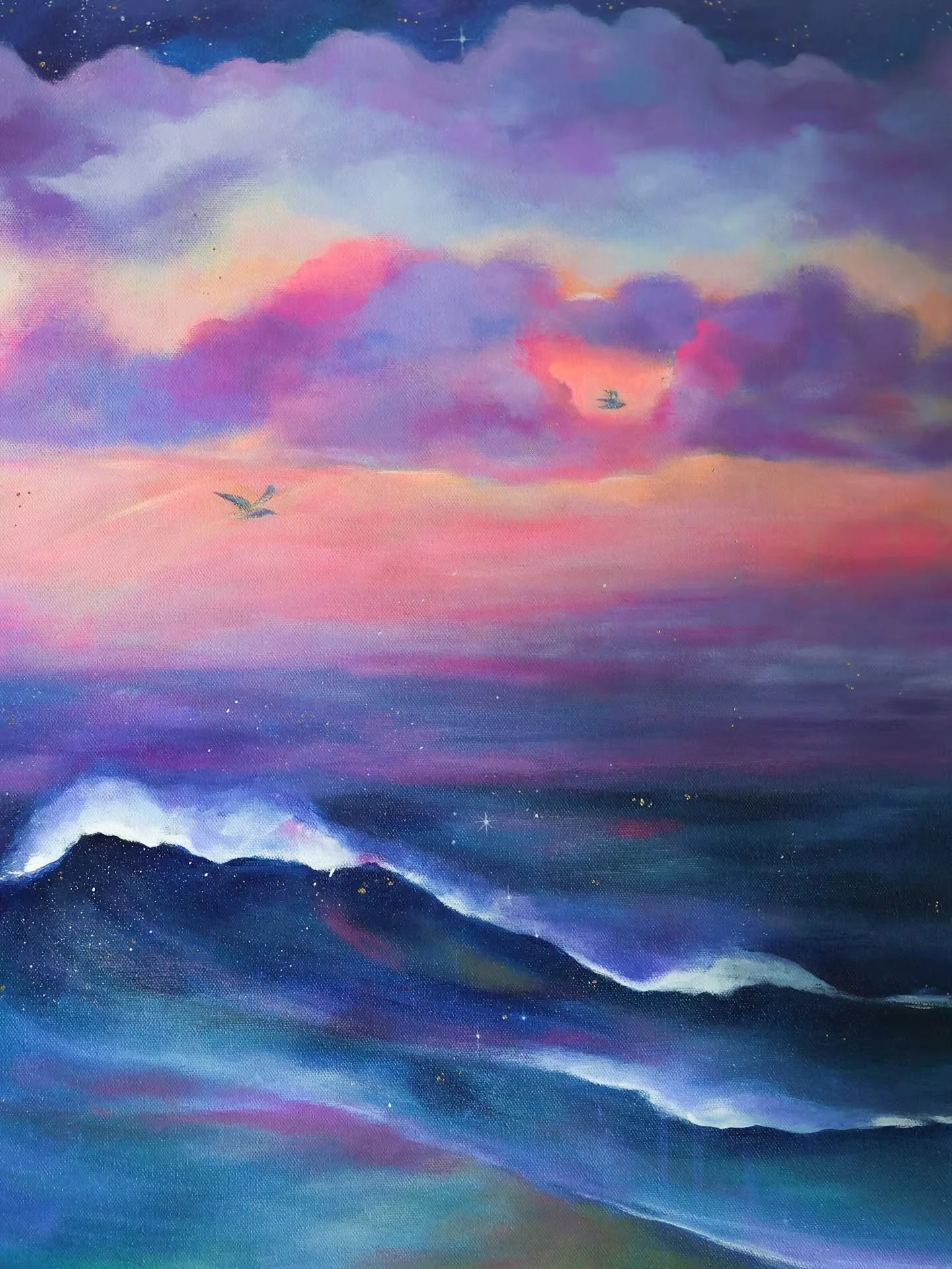 Finishing this beachy scene, you may remember it looking quite different 😉 (the last few photos are the before)
.
It just wasn't feeling "me" and since painting the Cosmic painting with the large wave, I decided to add a similar vibe to th
