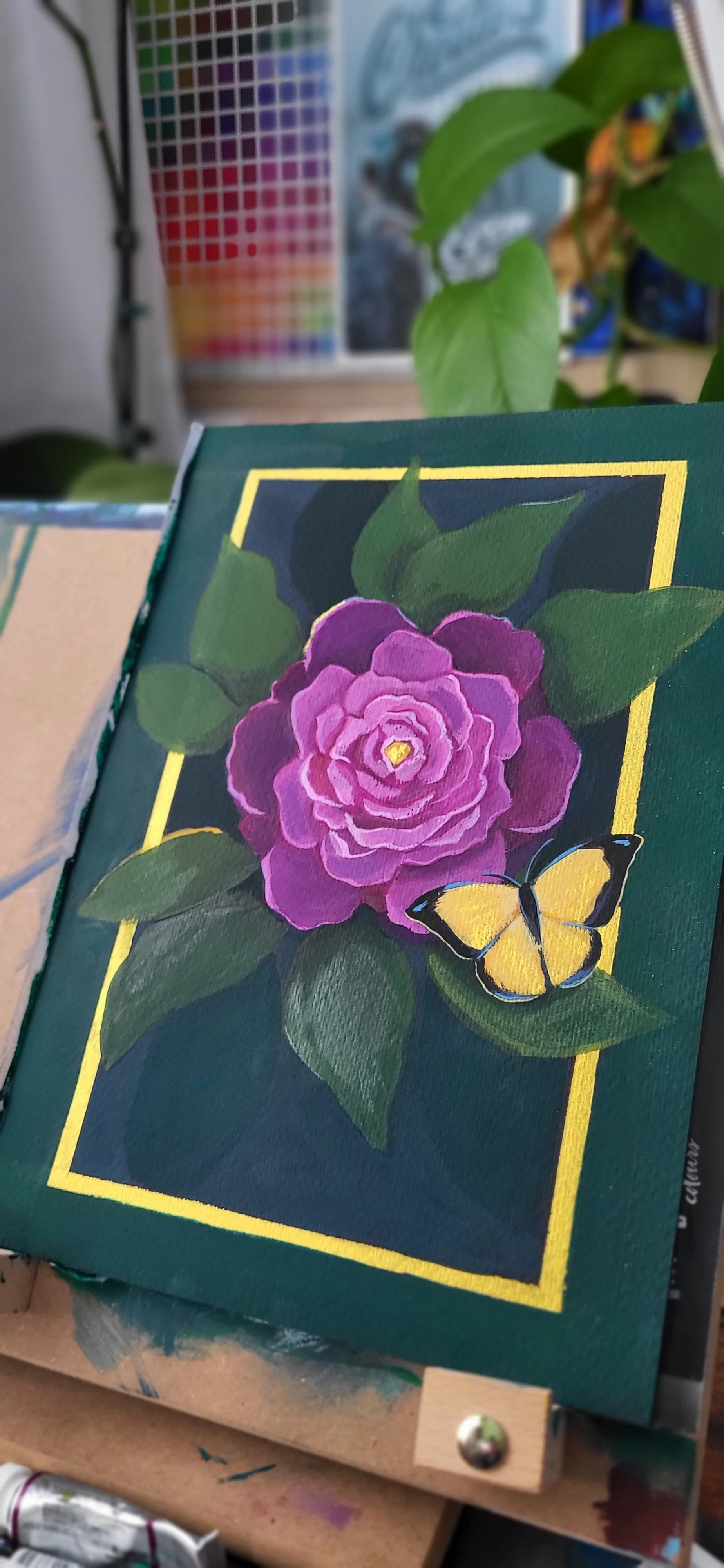 Pretty Peonies and Yellow Butterfly Original Painting