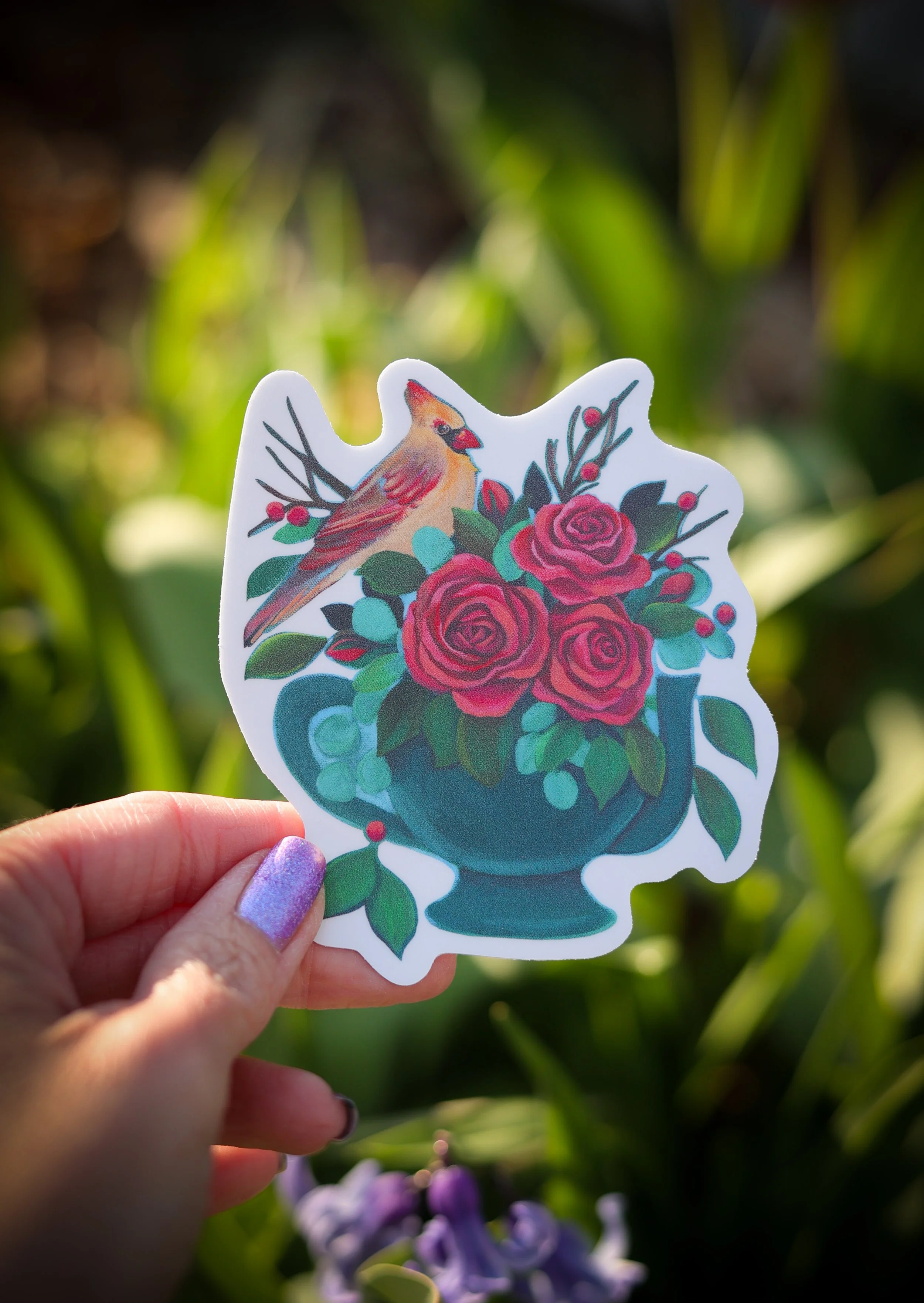 Enchanted Tea~Cardinal and Roses Tea Pot Sticker