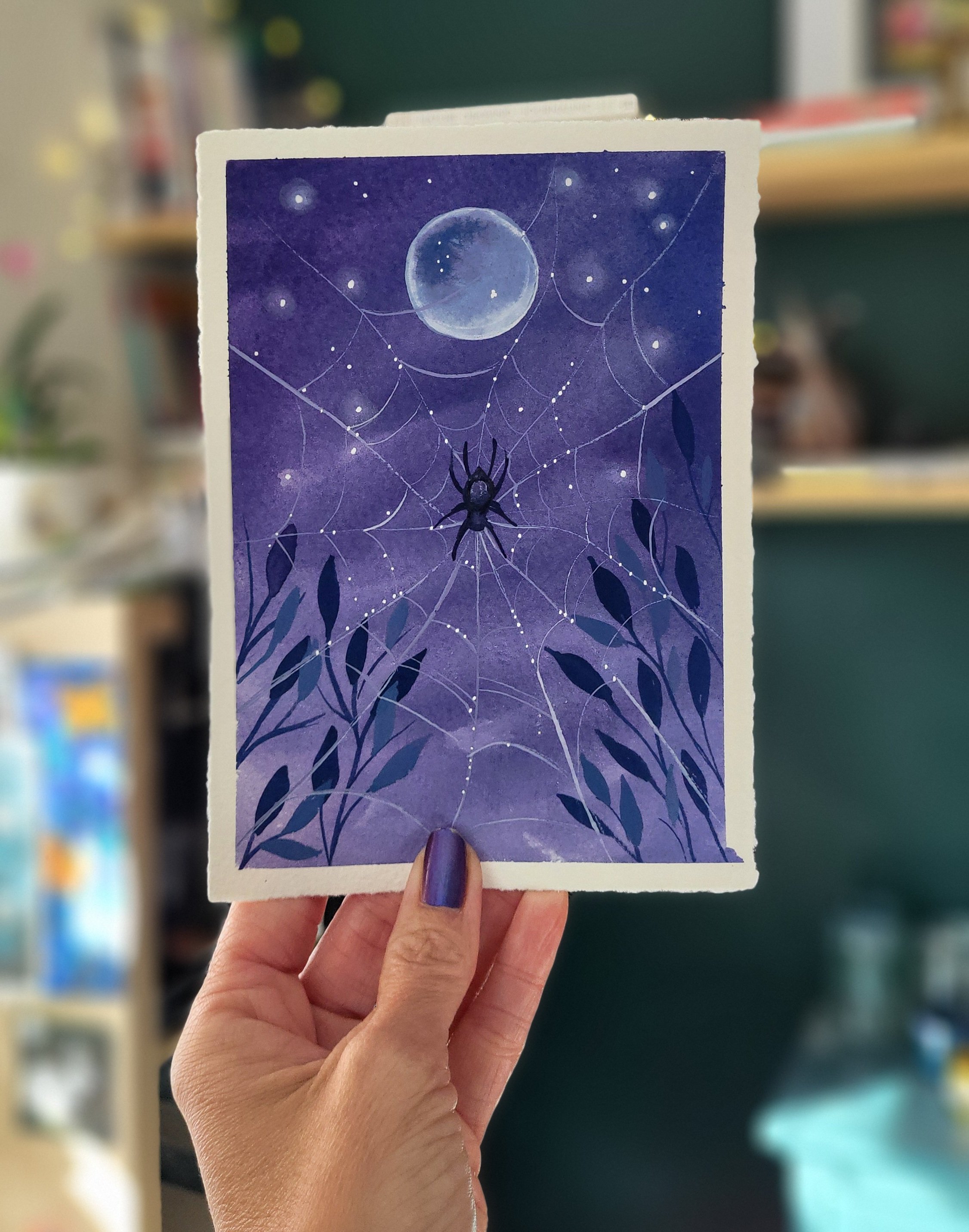 Gouache Painting Night Sky and Spider Web