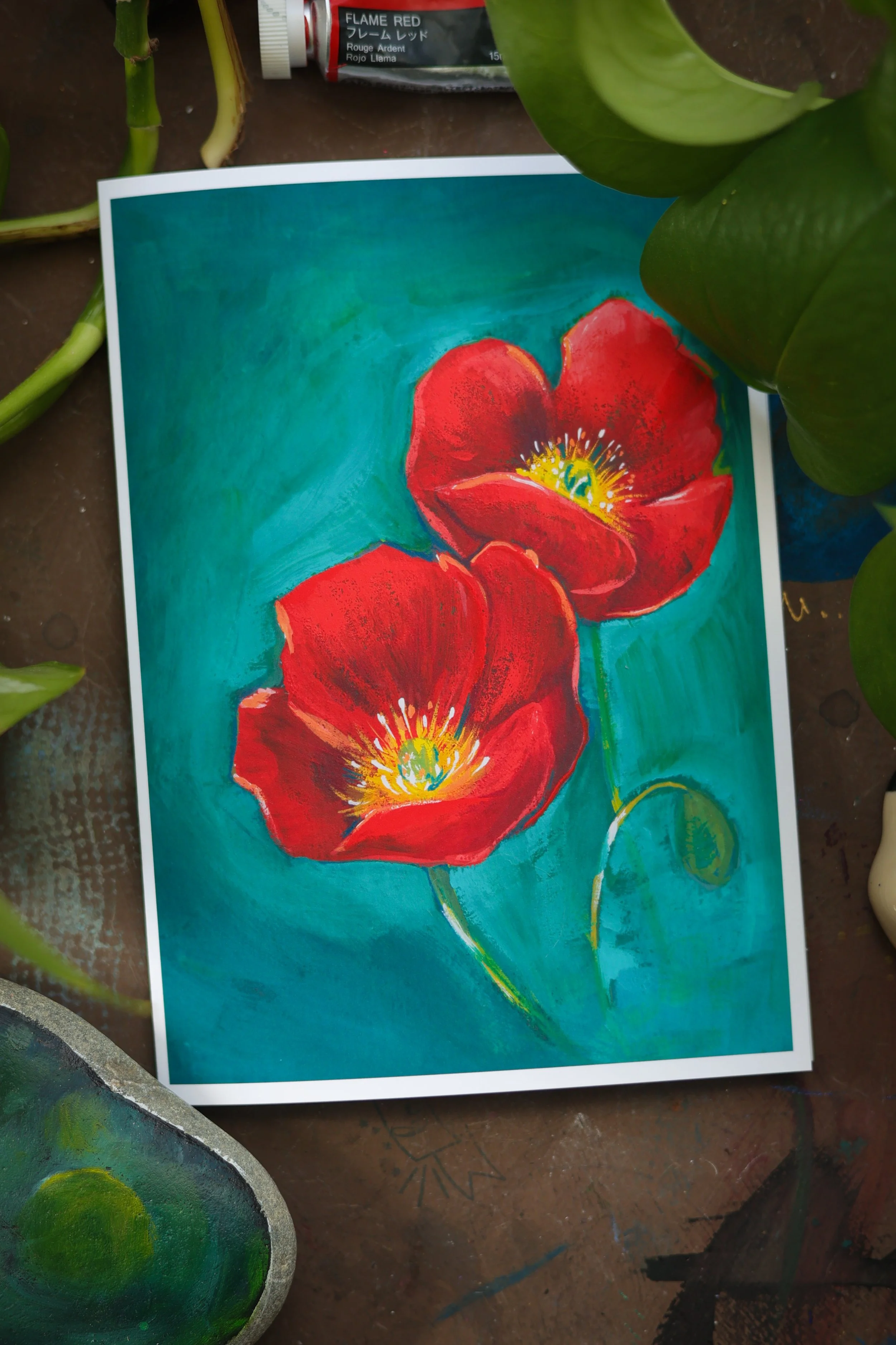 bright red poppy painting fine art greeting card