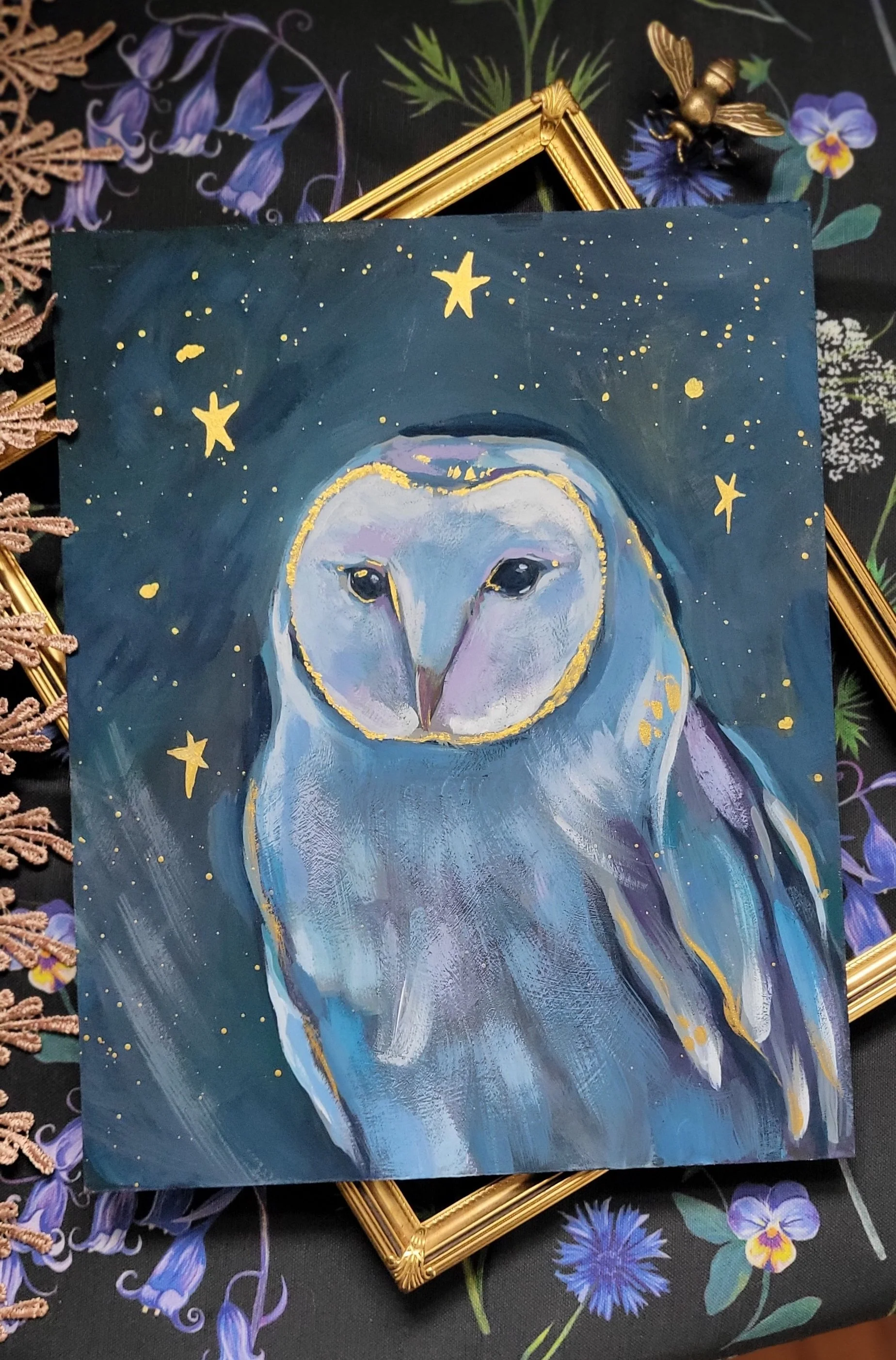 magic owl gouache painting owl and stars in purple and blue