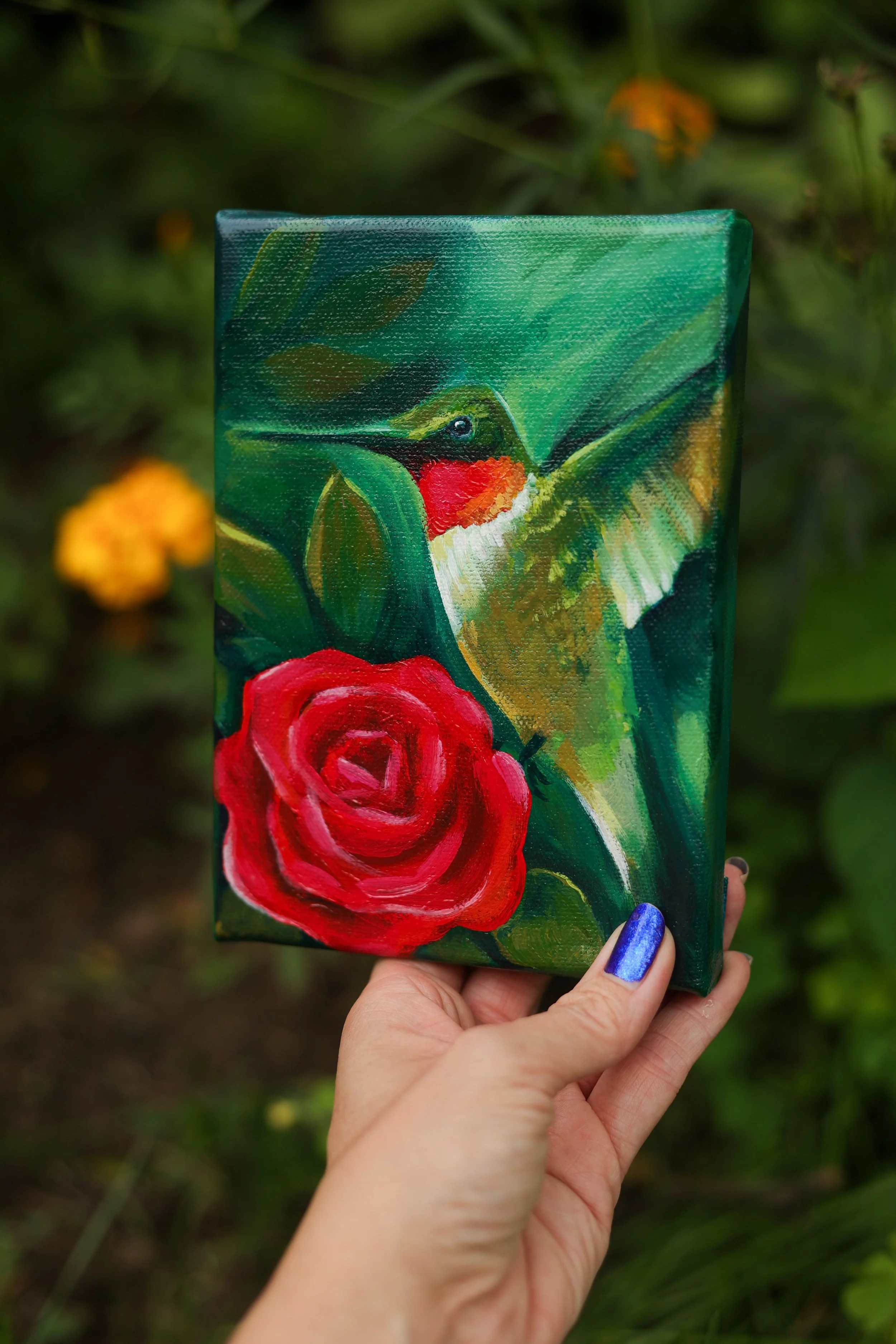 Ruby Throated Hummingbird and Red Rose~ Original Painting