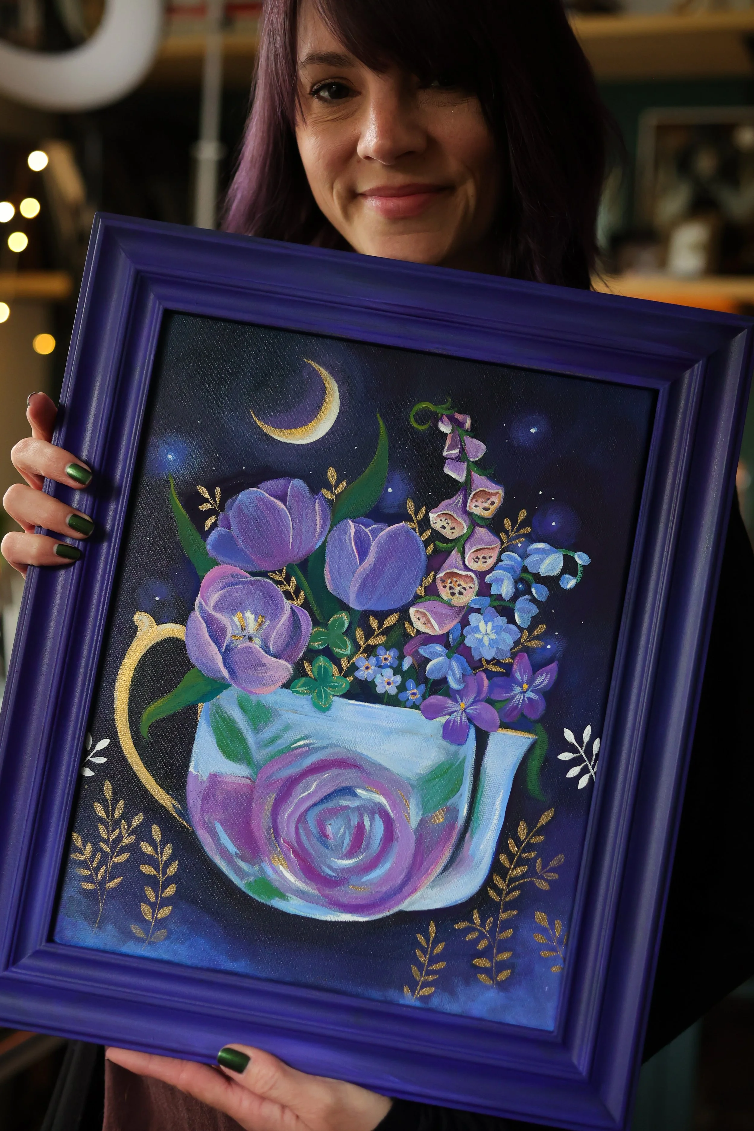 tea pot tulips and moon painting