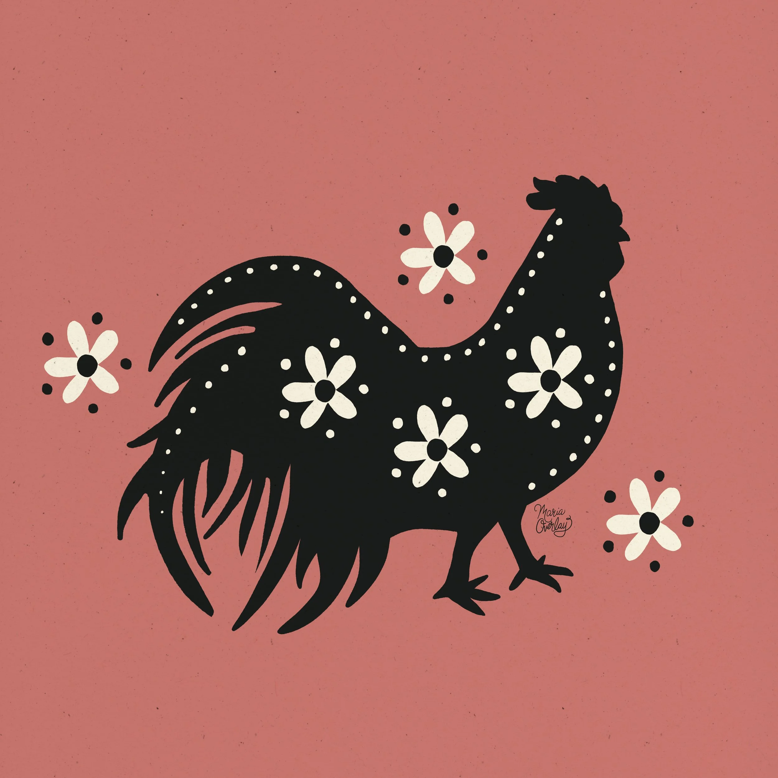 Rooster and Daisies with Coral