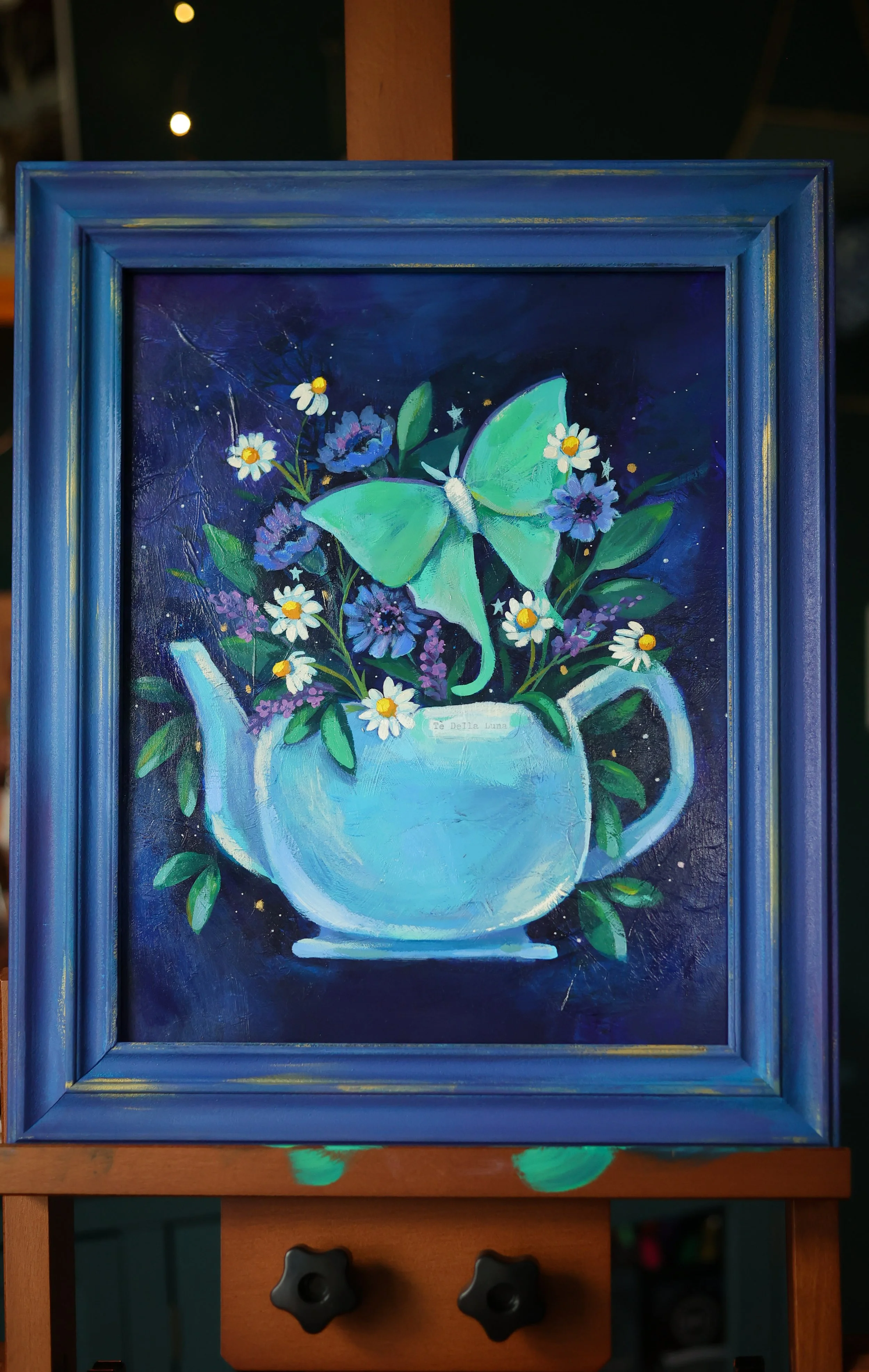 tea pot luna moth and flowers painting