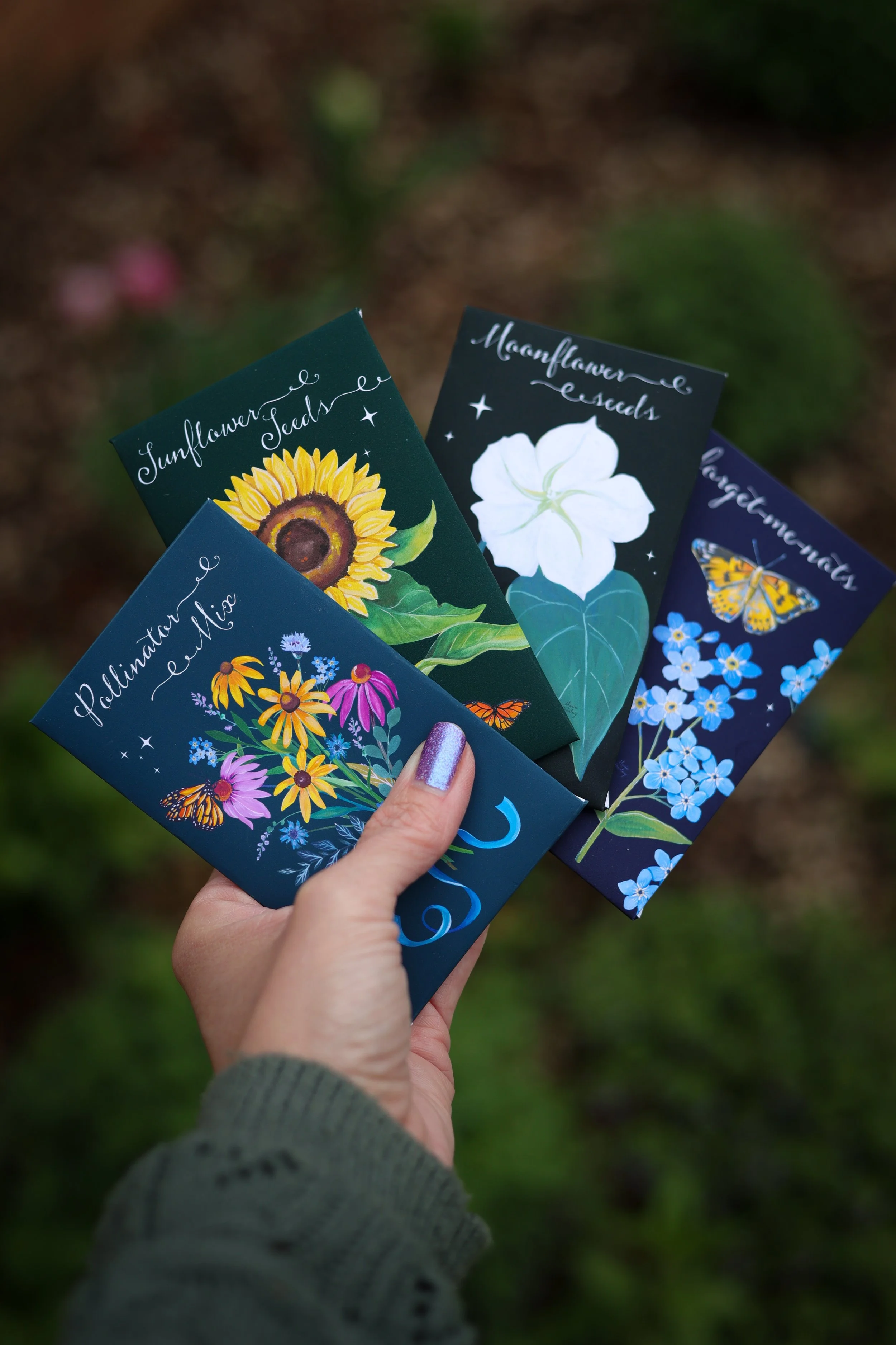 4 Seed Packet Bundle~ Pollinator Mix, Forget Me Nots, Sunflowers and Moonflowers