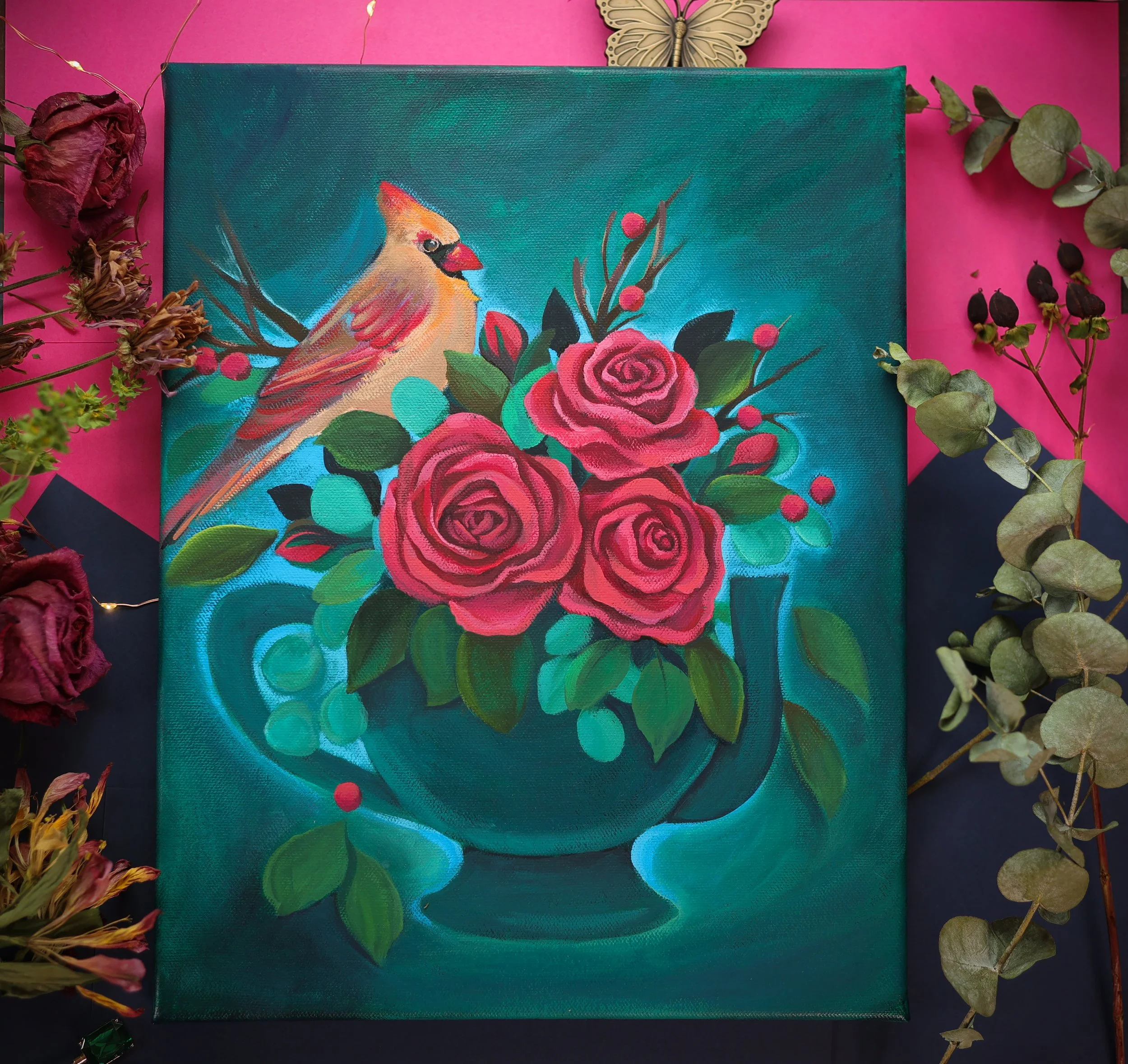 roses and cardinal in a teapot painting