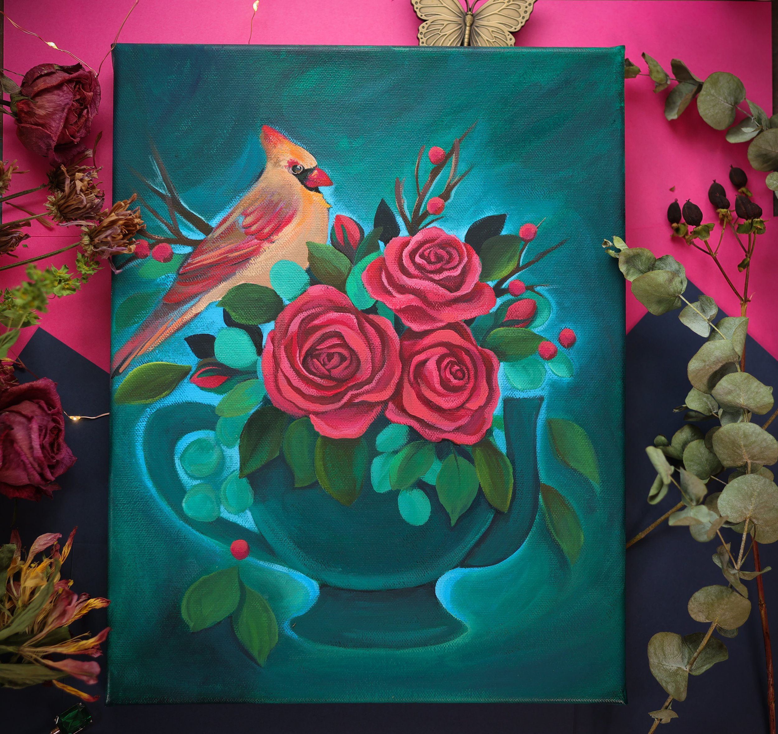 roses and cardinal in a teapot painting