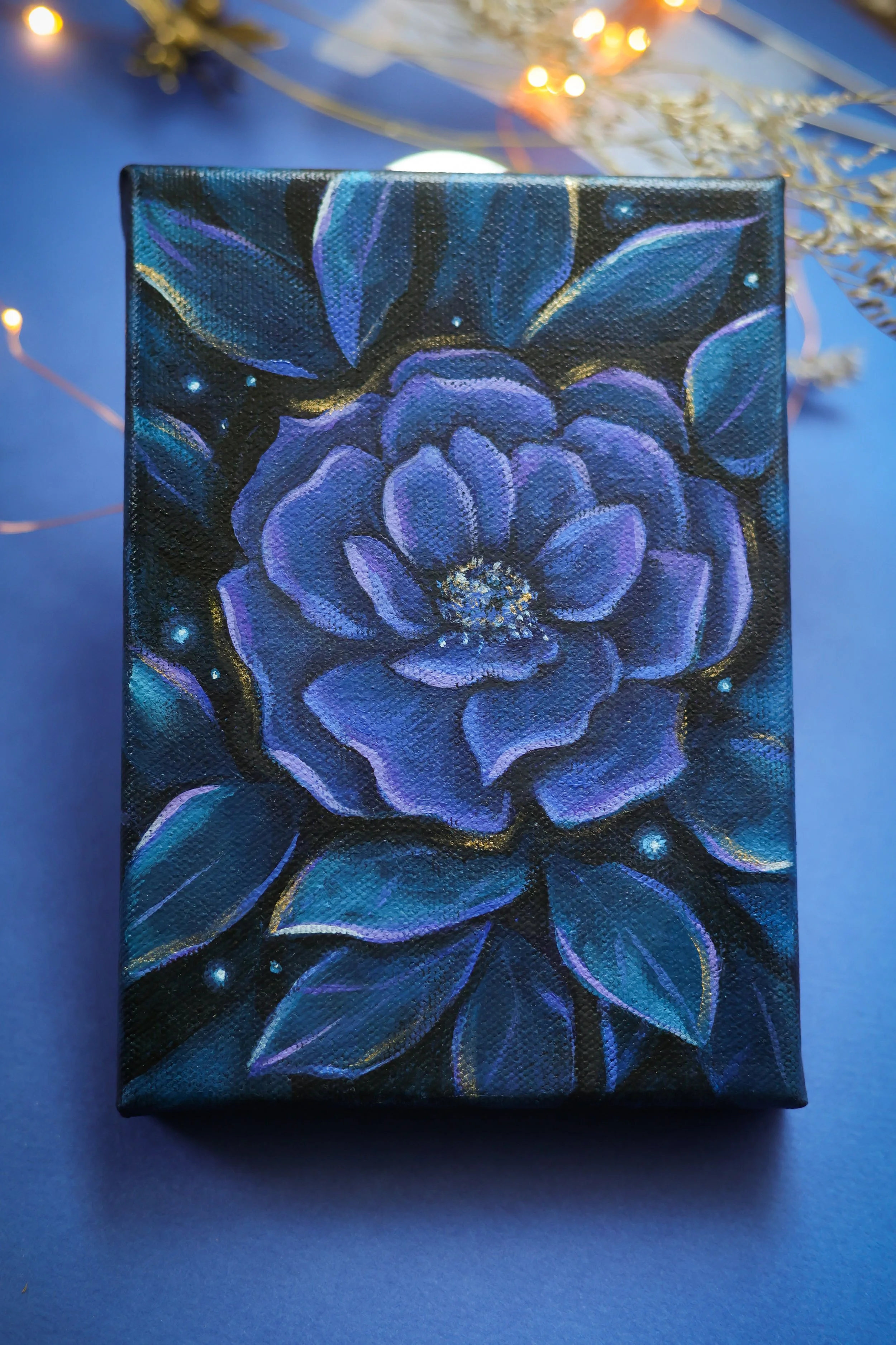 rose oil painting in blue and teal and purple paint colors and sparkly gold