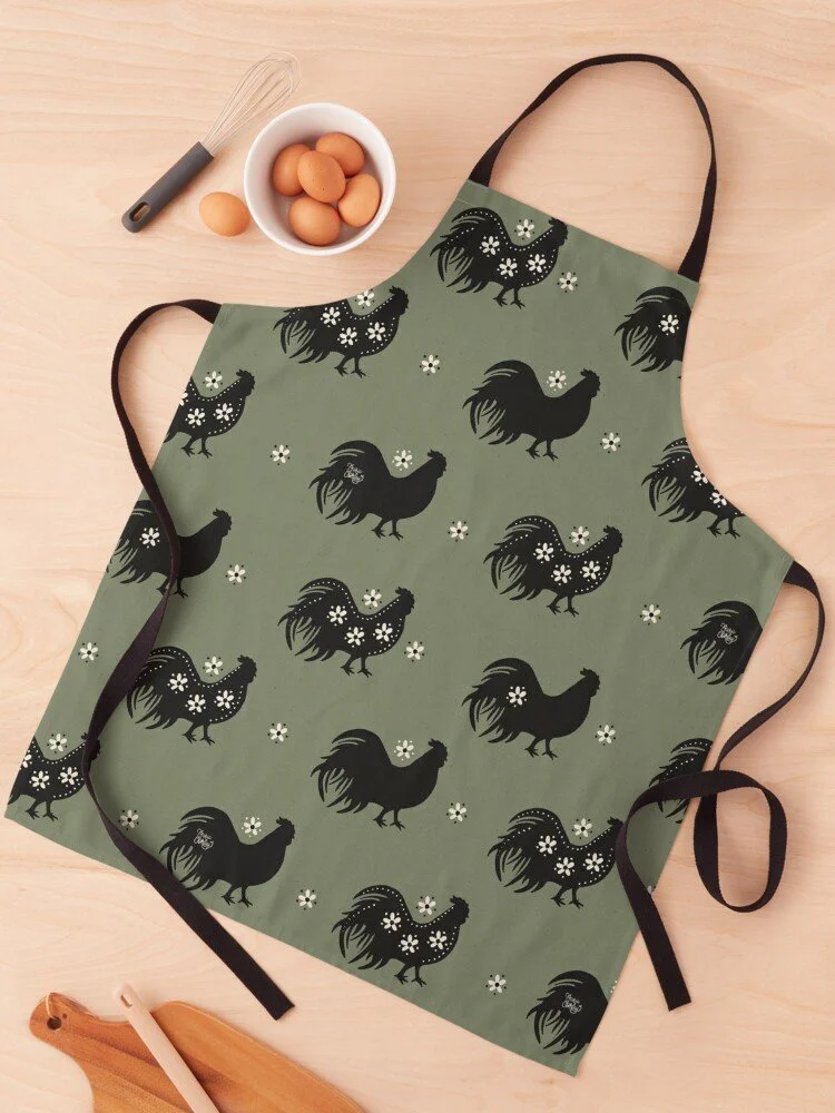 Roosters and Daisies in Sage- Cooking apron