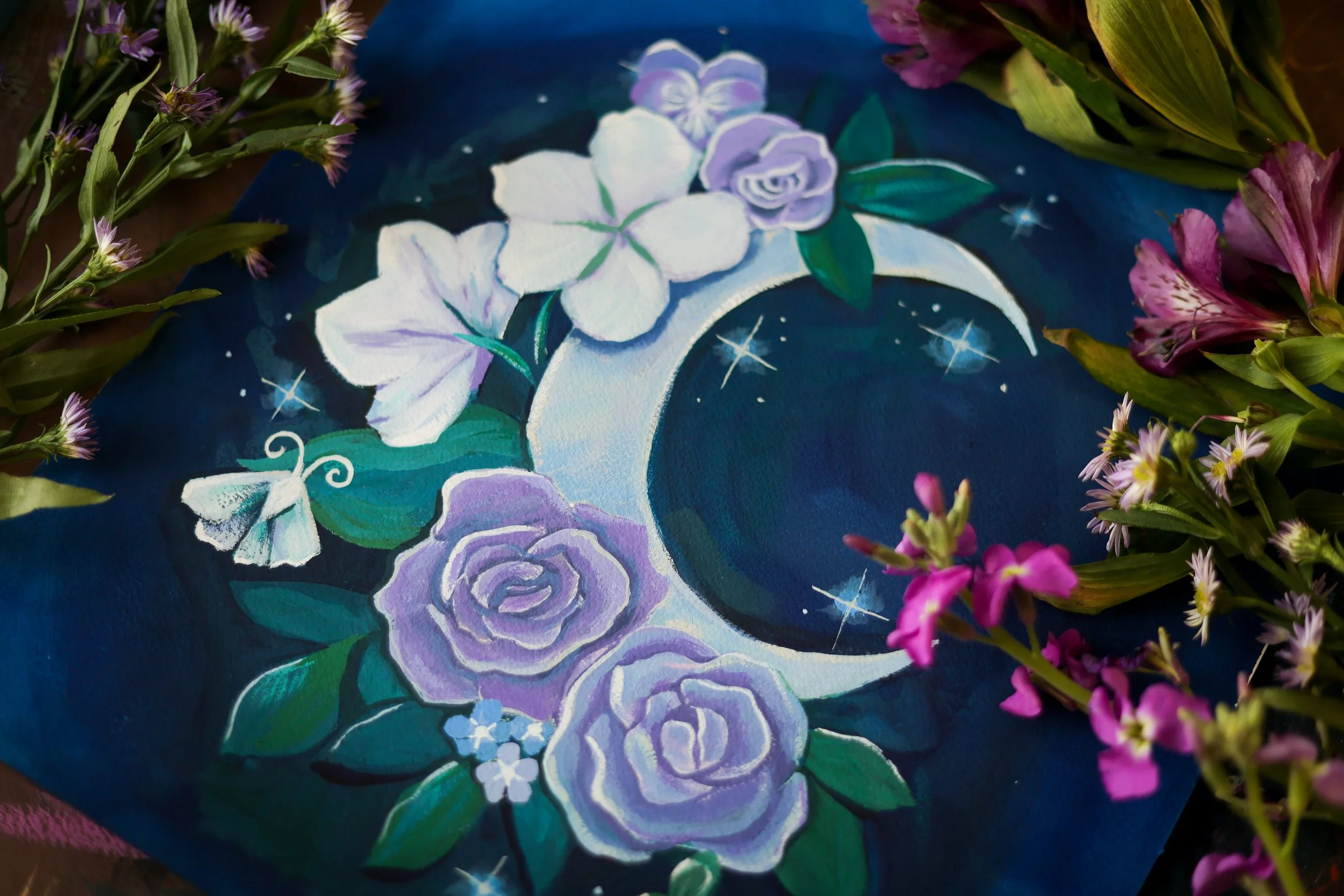 moon and flowers gouache art painting