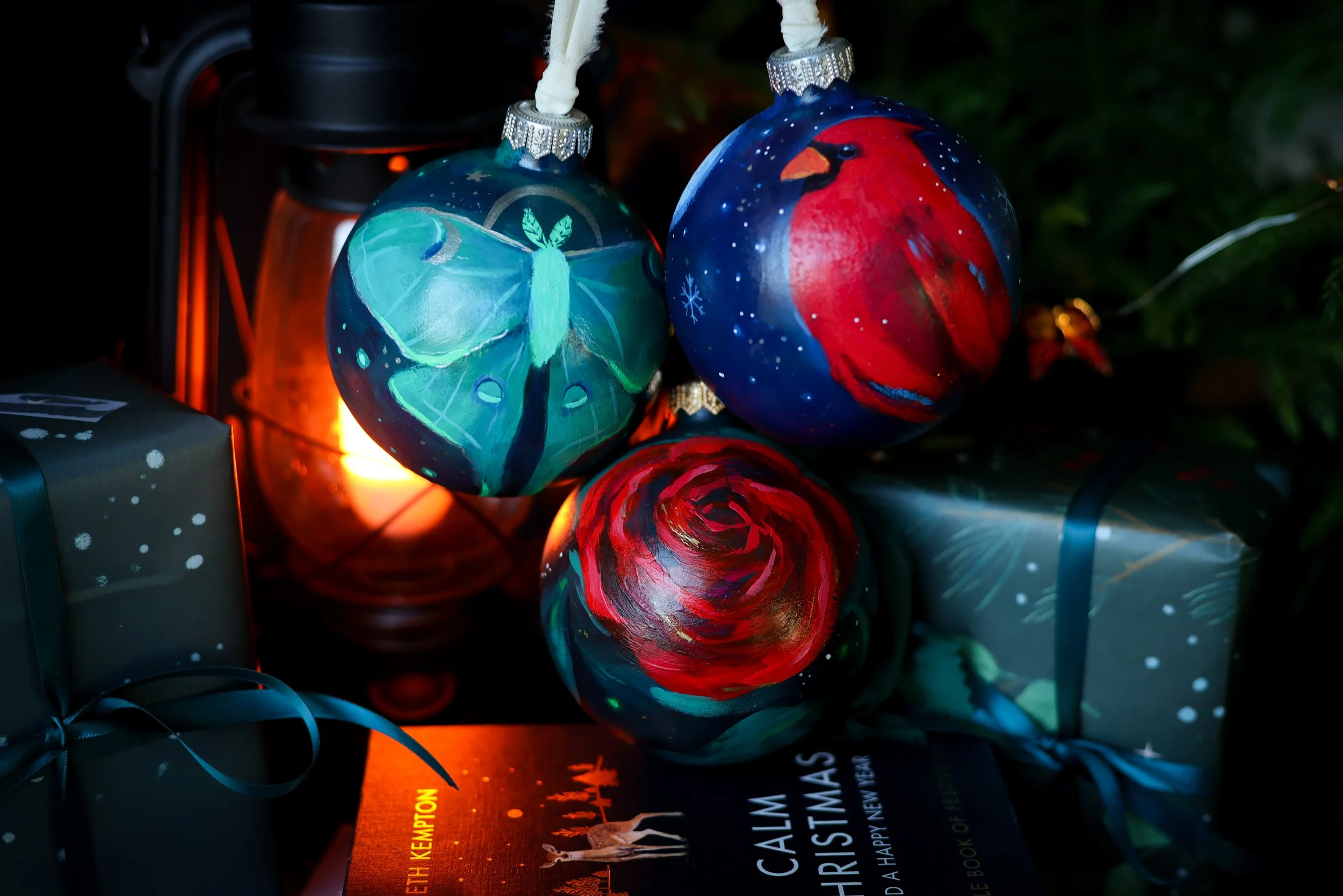 animal and floral paited ornaments