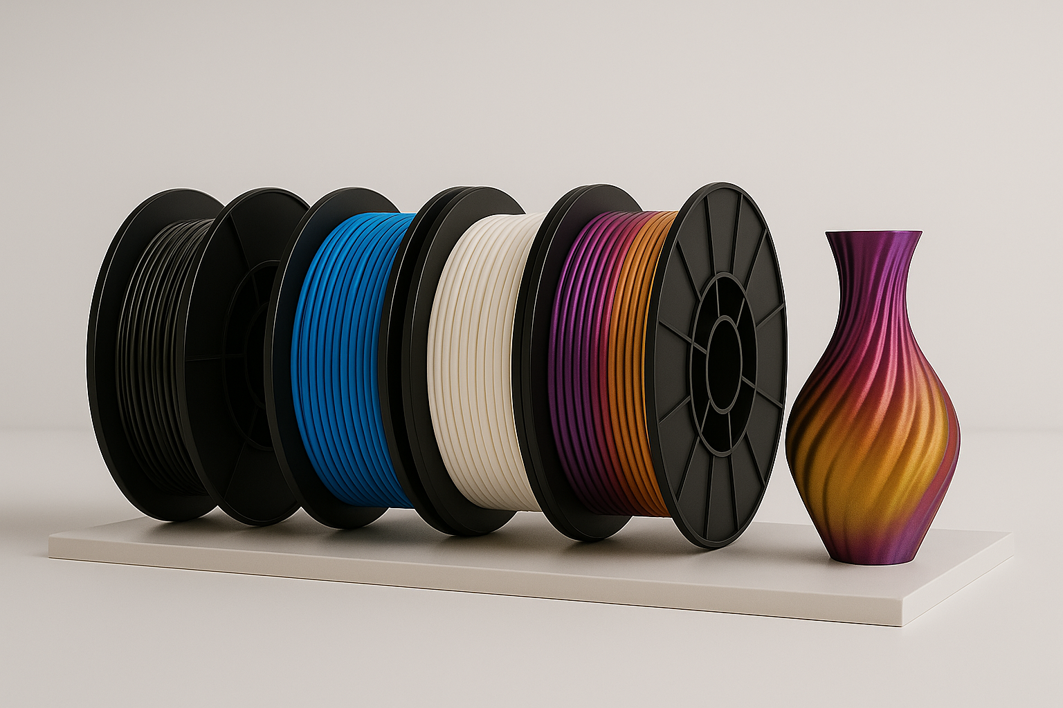 Five spools of 3D printer filament in black, blue, white, purple, and orange, placed on a white platform beside a colorful, swirl-patterned vase.