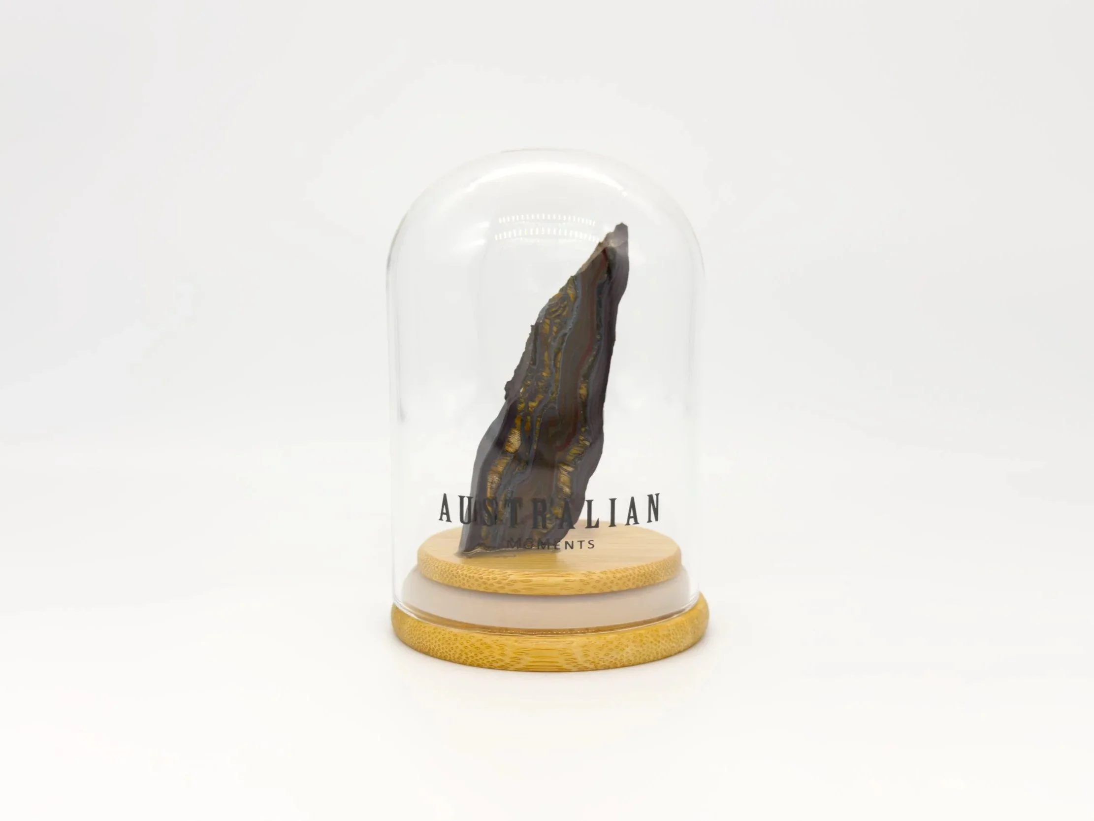 Banded tiger iron section in glass jar