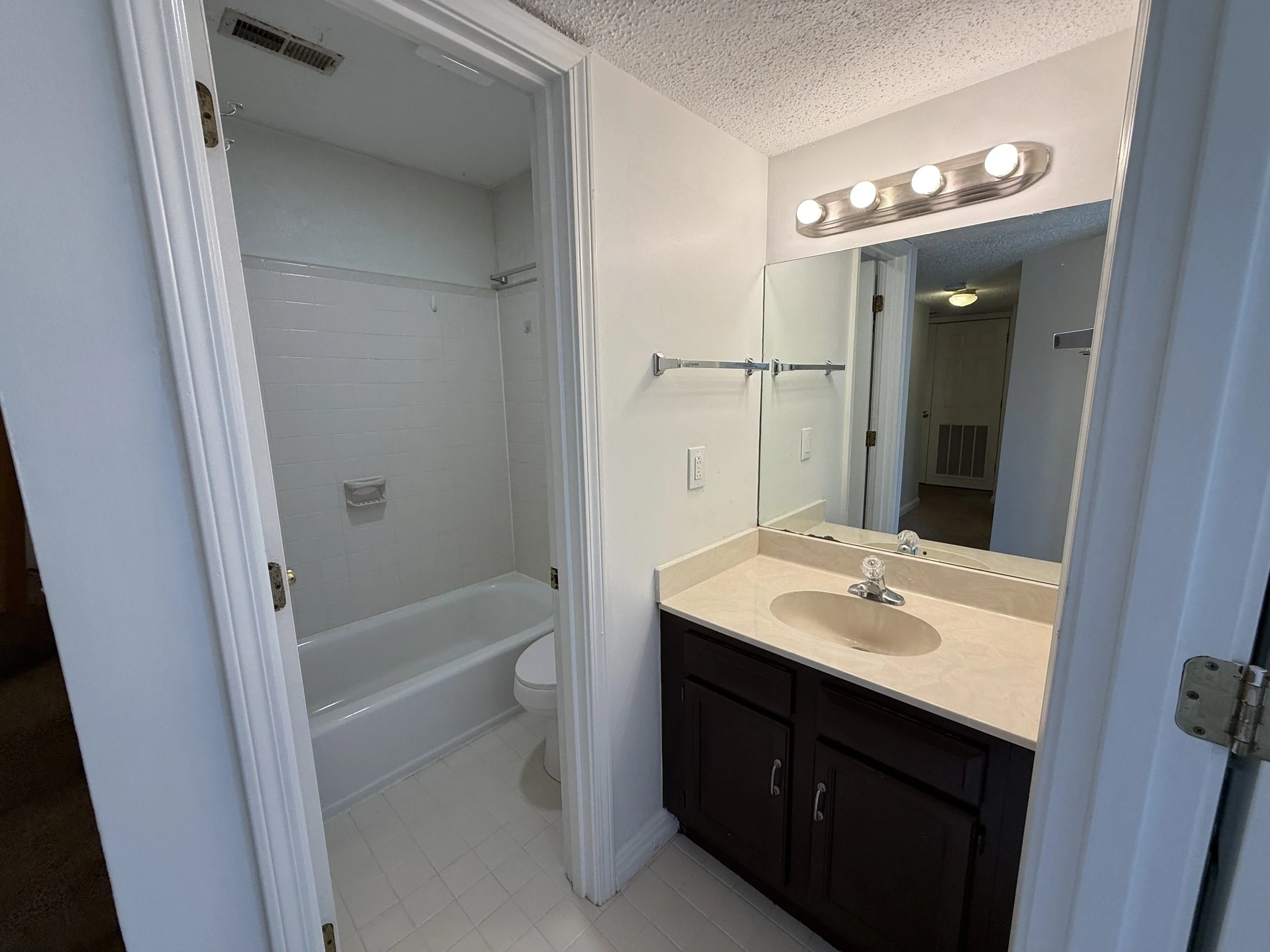 A bathroom with a shower stall, a vanity with a sink, a large mirror, and a wall-mounted light fixture with four bulbs.