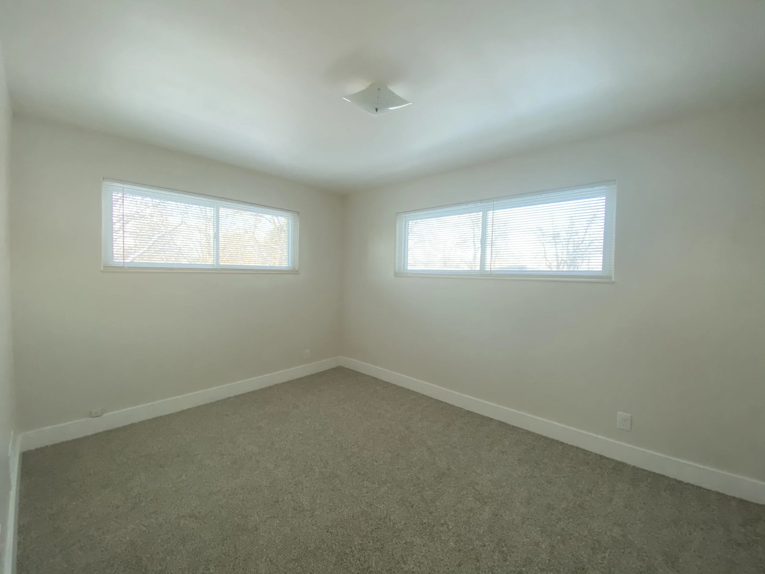 Empty room with two large windows with blinds, carpeted floor, and a ceiling light fixture.