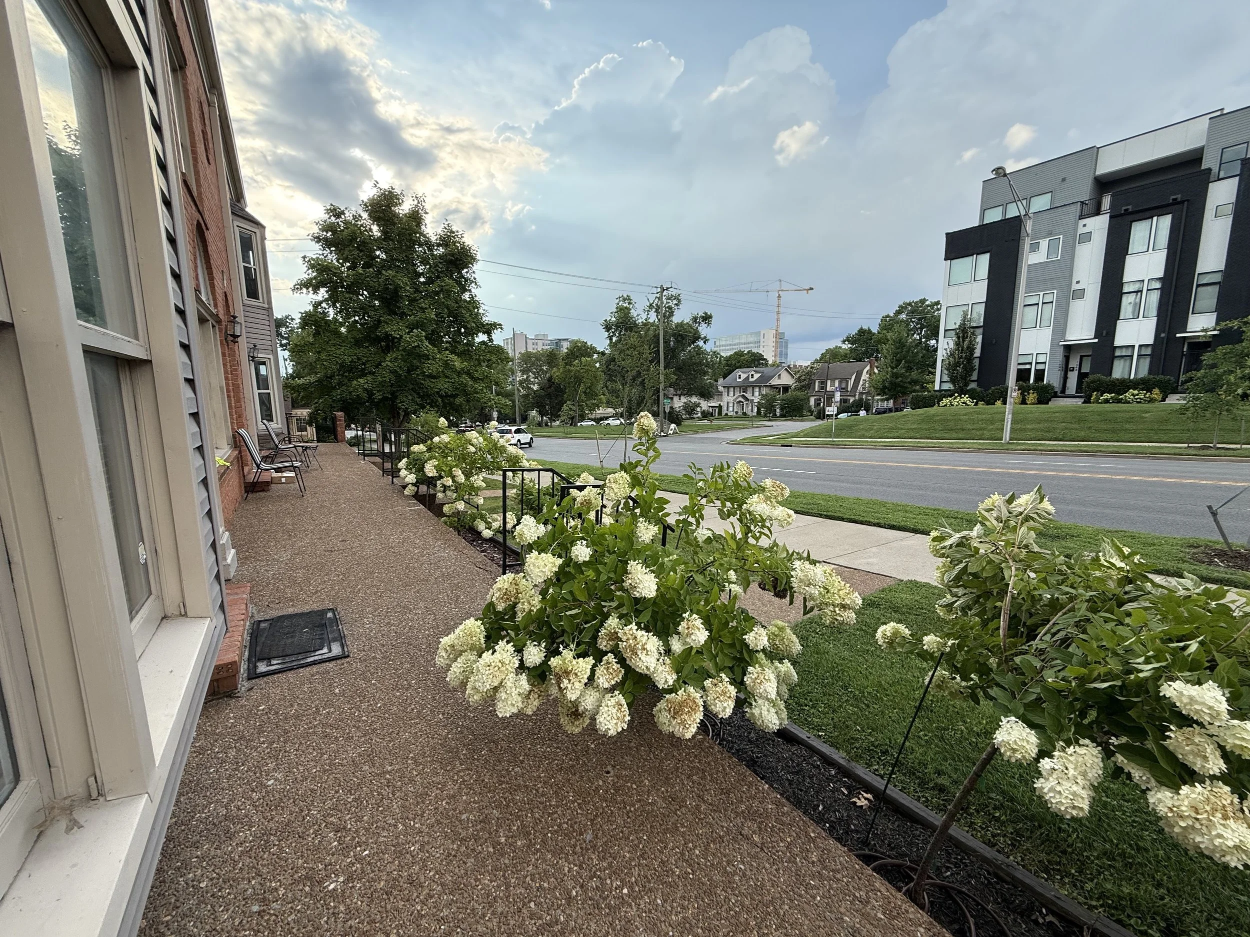 View of a residential street from a sidewalk with a brick and vinyl house on the left, a green tree, flowering bushes, a grassy area, modern apartment buildings on the right, and a construction crane in the background under a partly cloudy sky.