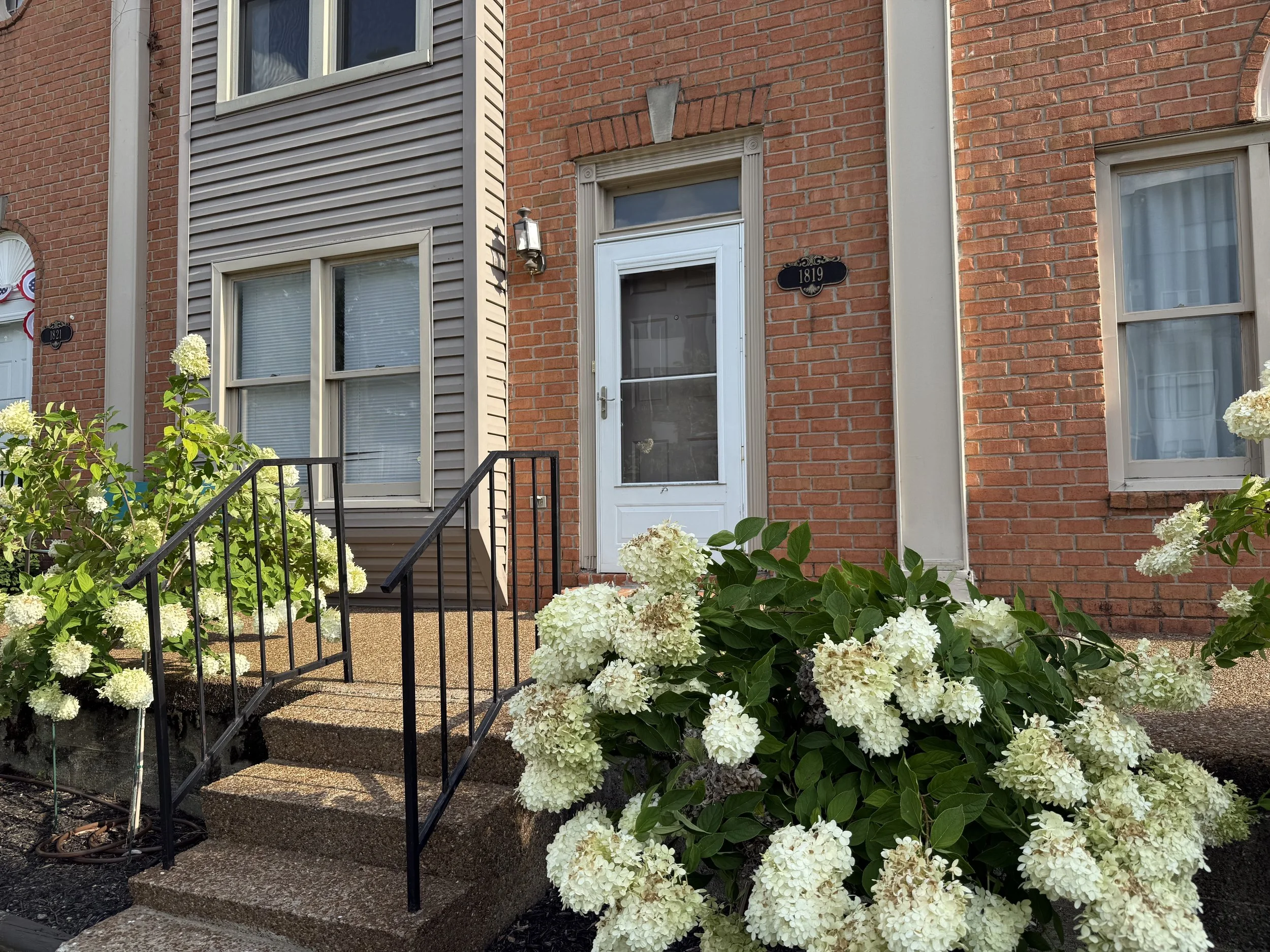 Front entrance of a red brick house with a glass storm door, white trim, and a new gray siding section. A small stack stone porch with steps and black metal railing. White hydrangea bushes and green foliage in the garden.