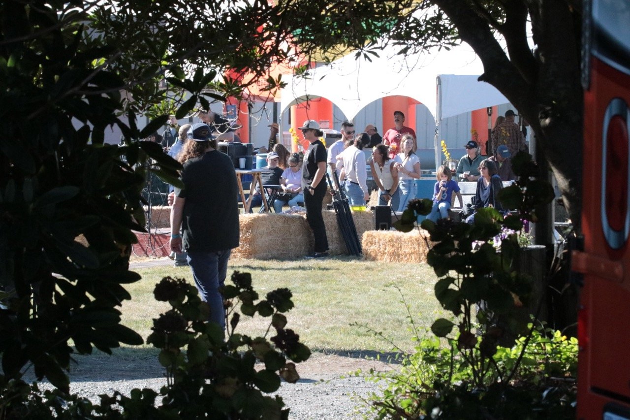 People gathered outdoors at a festival or event, seen through foliage and framing with hay bales, with some sitting and others standing near food and stage area.