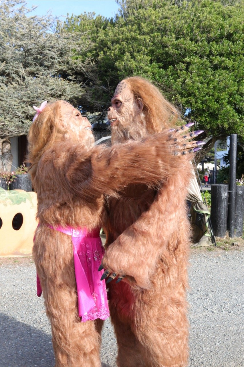 Two people dressed as Bigfoot and a Sasquatch, embracing and smiling at each other outside in a park or yard with trees and bushes in the background.