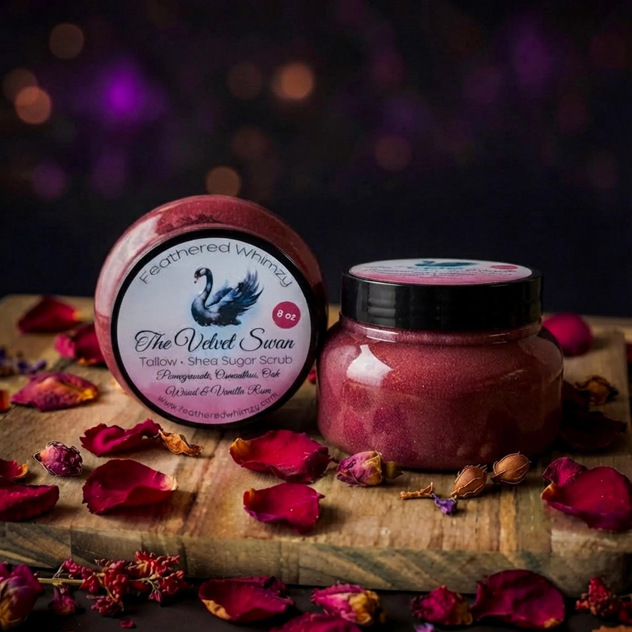 The Velvet Swan - Pomegranate, Osmanthus, Oak Wood & Vanilla Rum Tallow & Shea Sugar Scrub
