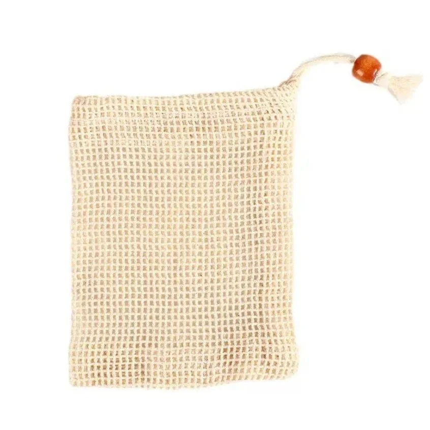 Cotton Soap Bag with Wood Bead and Drawstring