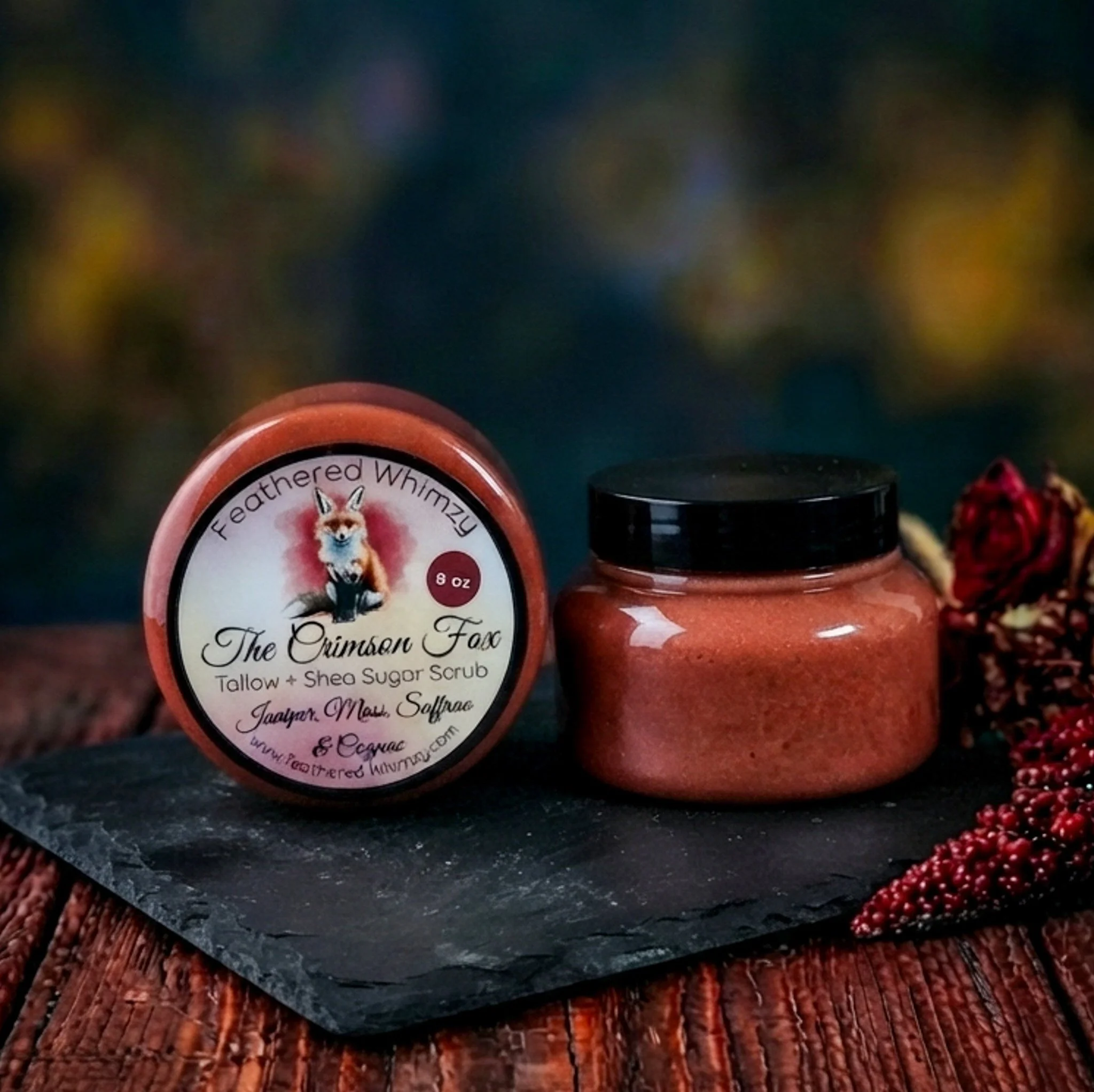 The Crimson Fox ~ Juniper, Moss, Saffron & Cognac Tallow + Shea Sugar Scrub