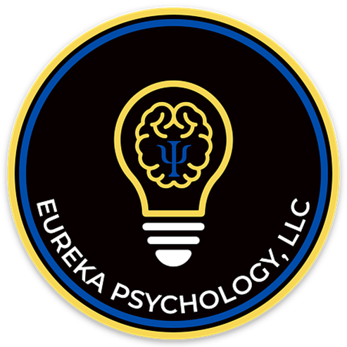 Eureka Psychology, LLC logo featuring a yellow lightbulb with a brain inside and a blue Psi symbol, on a dark background with blue and yellow borders.