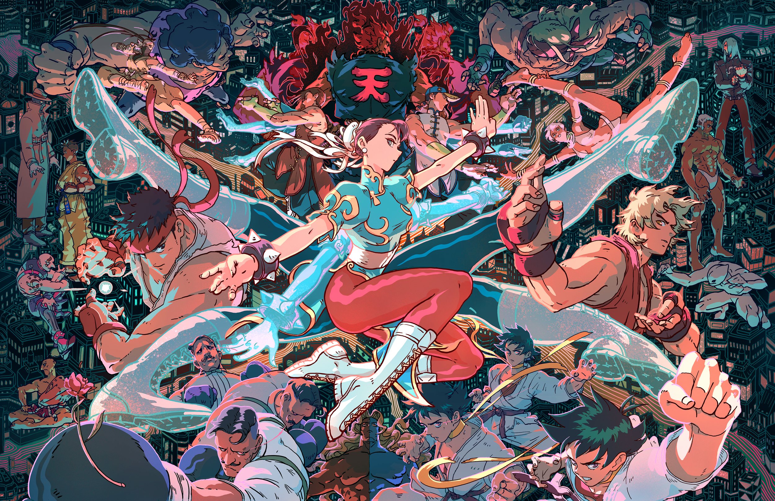 A collage of all your favorite Street Fighter characters from Street Fighter Third Strike with a futuristic cityscape as the backdrop