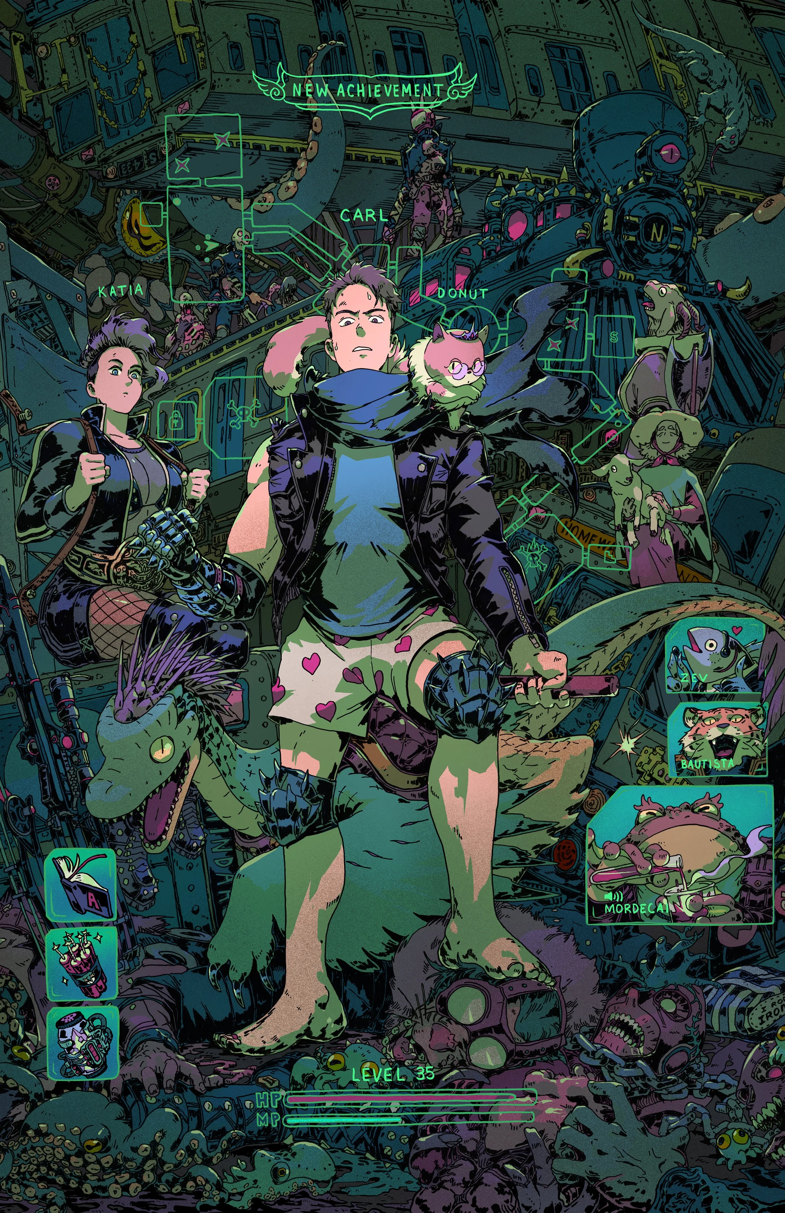Name: Carl & Donut
Carl is front and center with his cat, Donut, on his shoulder. From the popular book series, Dungeon Crawler Carl, Carl is in his classic boxer shorts with other characters from the books behind him.