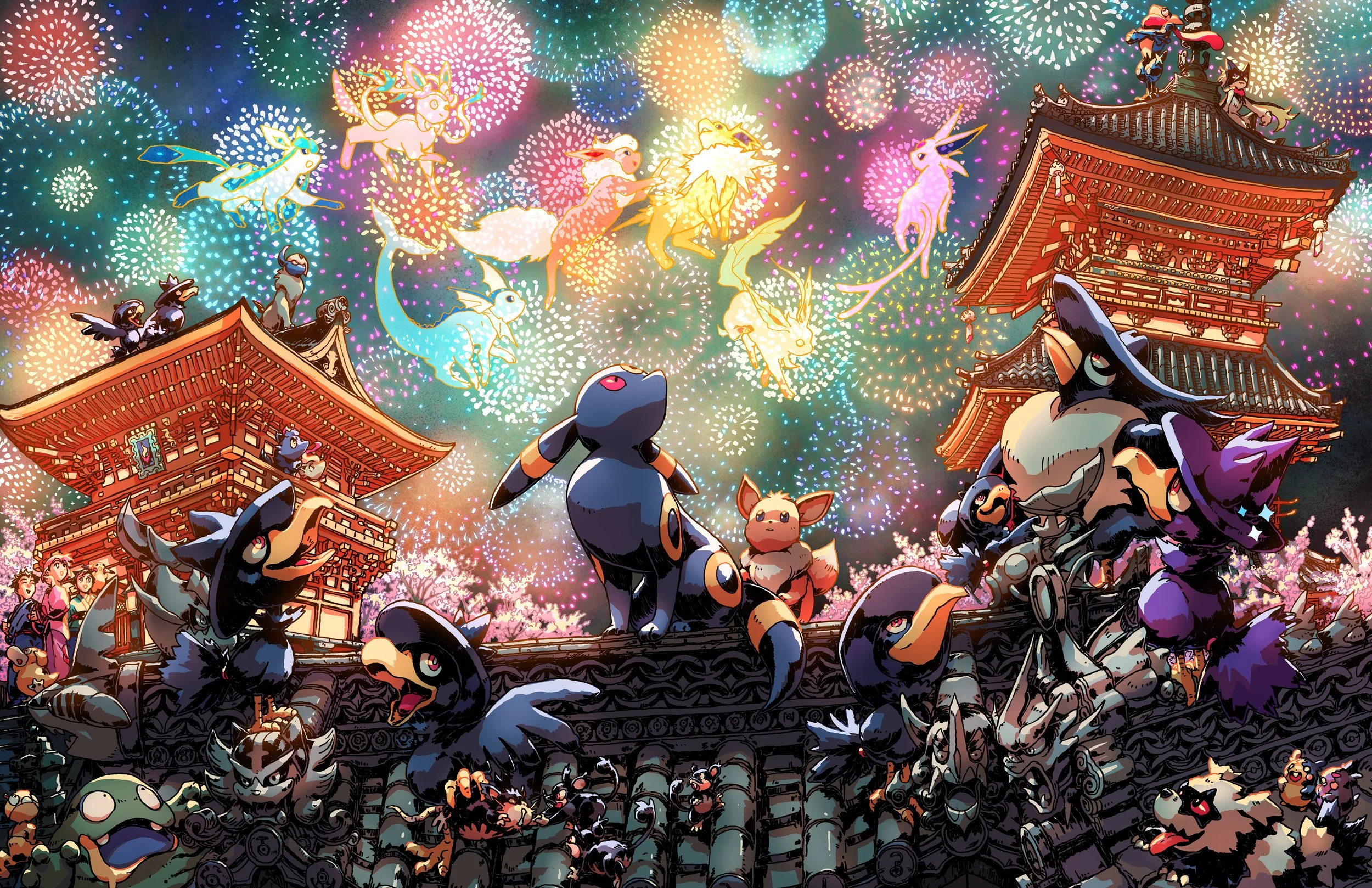Name: Hanabi Eevee
Umbreon and Eevee take center stage on a roof at Kiyomizu-dera Temple in Kyoto, Japan. 
The two and a crowd of other Pokemon are admiring a firework show in the sky that also feature all the other Eeveelutions. 