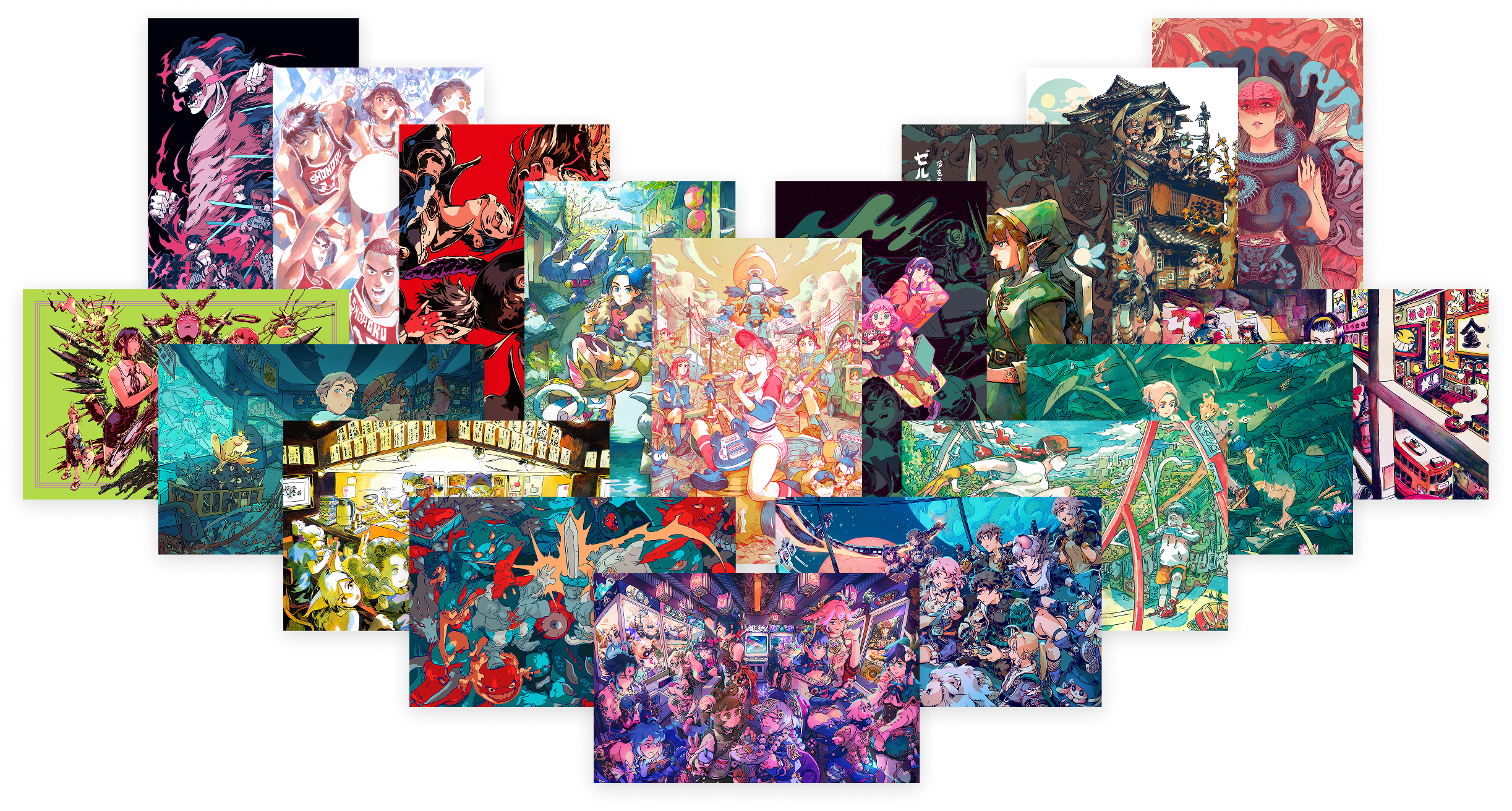 A collage of various colorful anime-style and video game-inspired illustrations featuring characters, scenes, and settings from different genres.