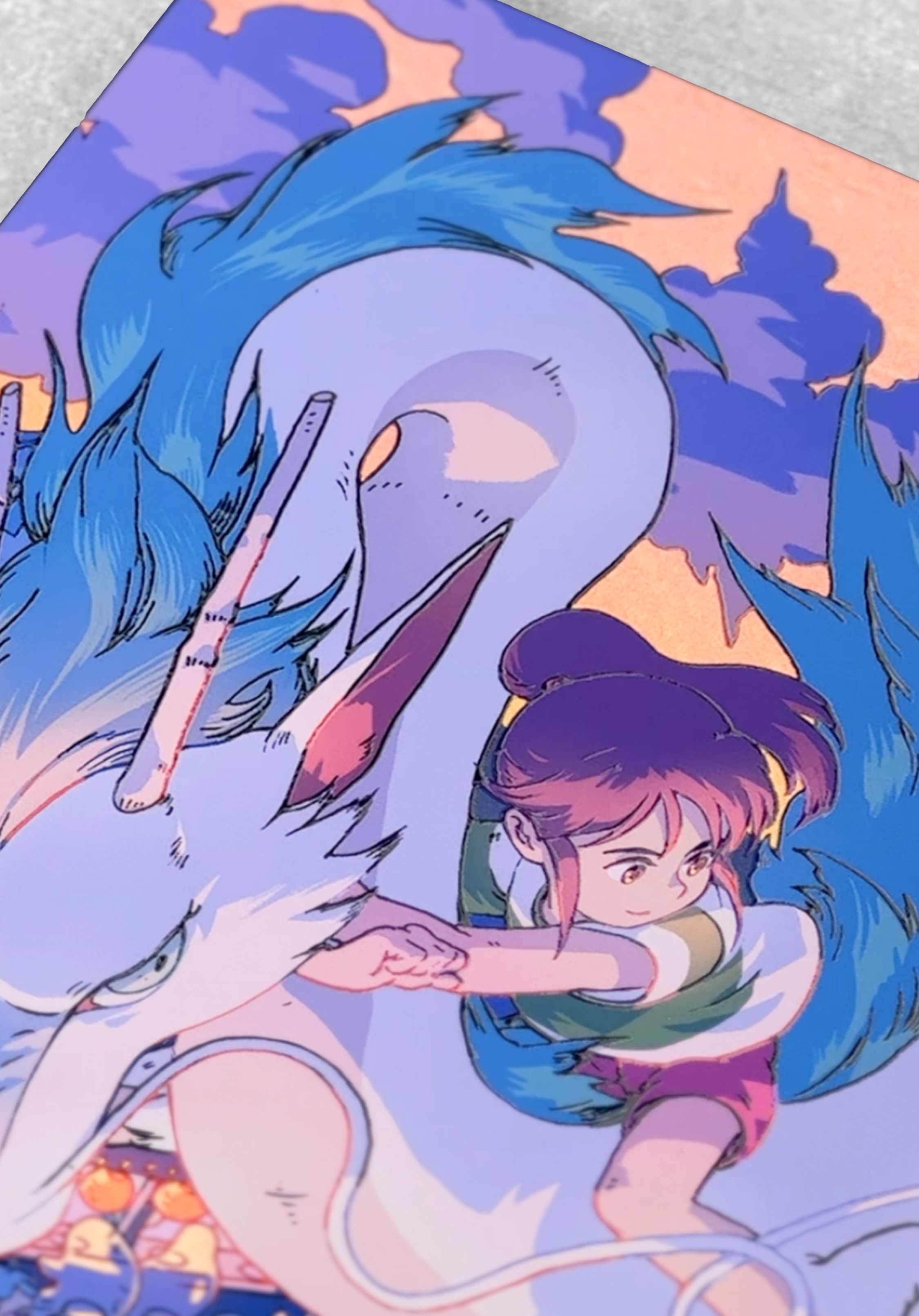 An anime-style illustration featuring a young girl with pink and purple hair, reaching out to touch a large white and blue bird, possibly a heron or crane, against a sky with clouds.