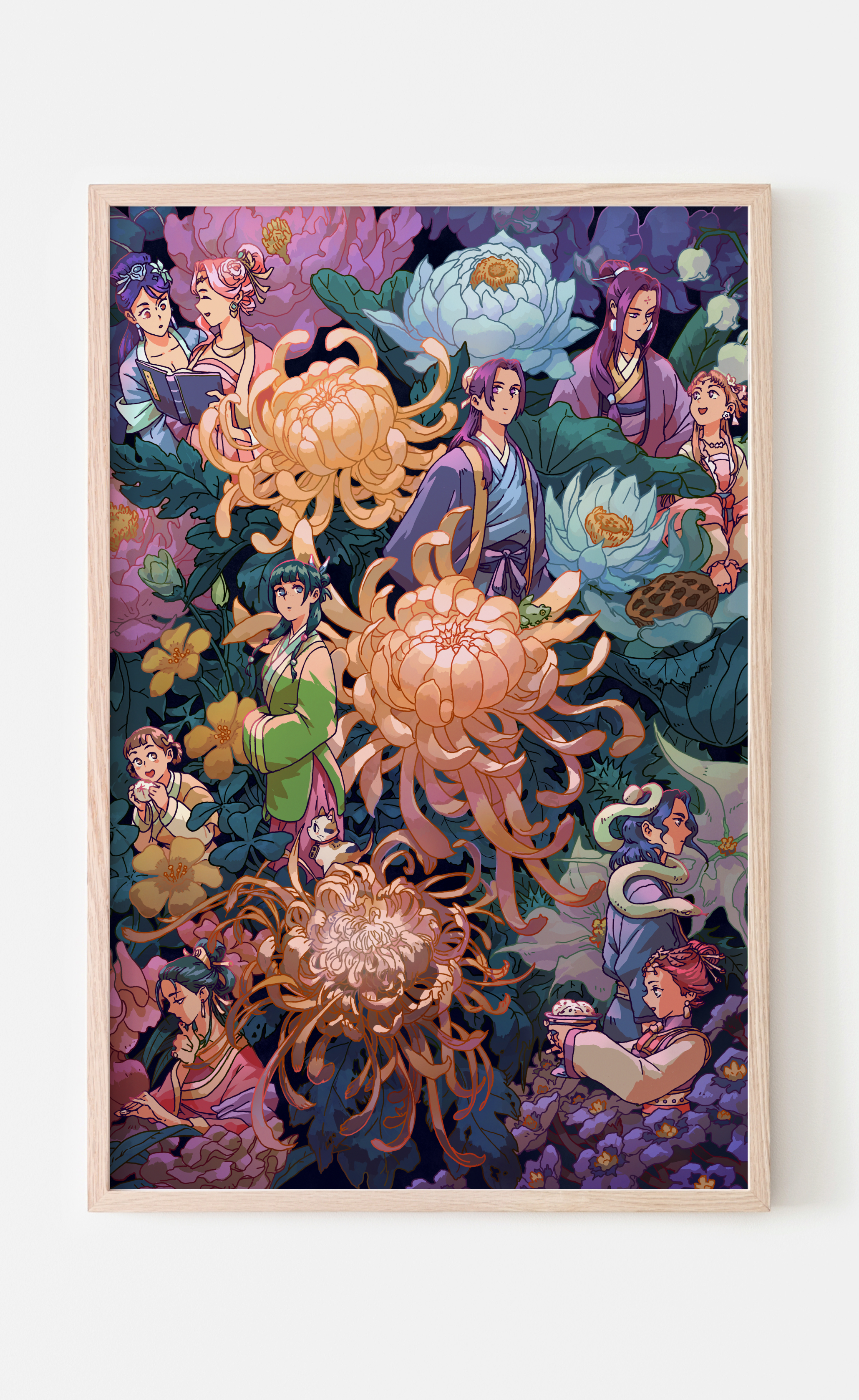 A colorful illustration of characters surrounded by large flowers, including chrysanthemums and peonies, in a fantasy or anime art style.