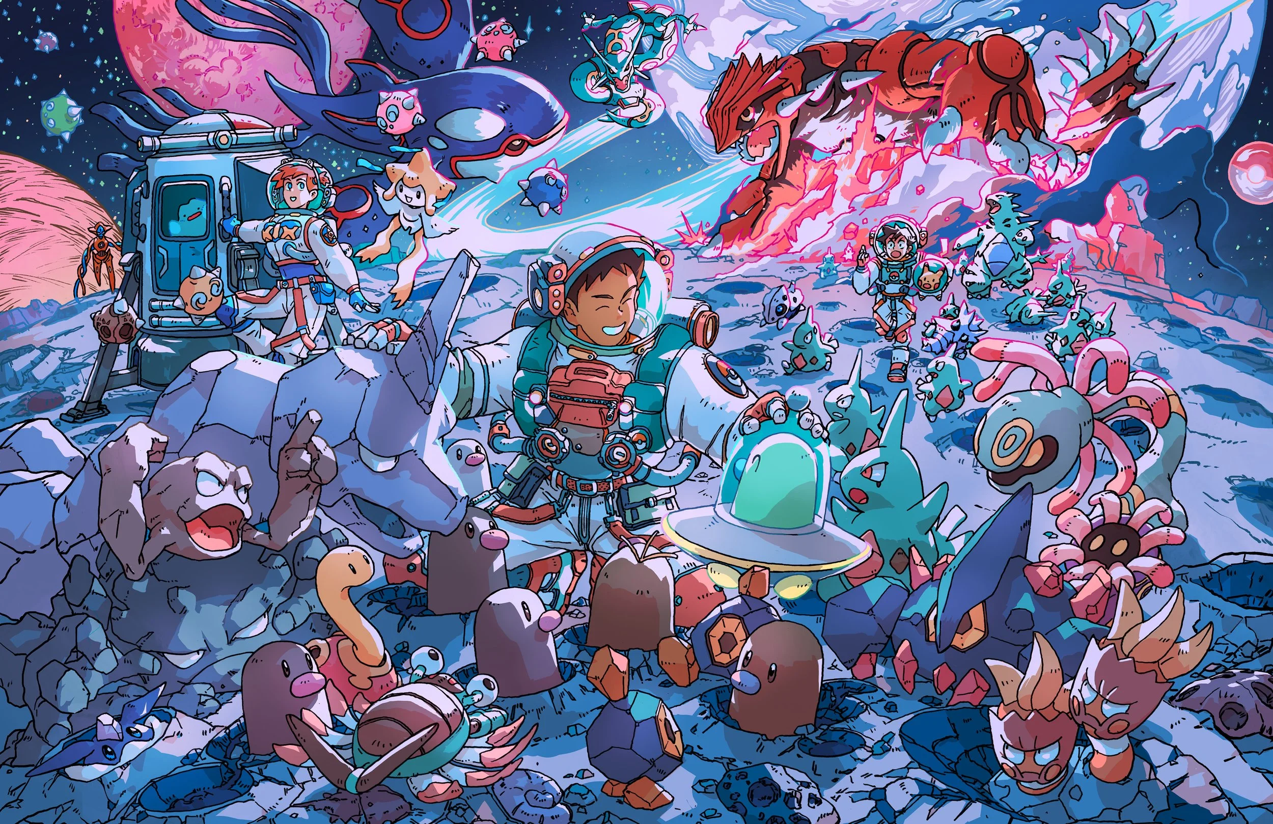 Name: Moonbrock
Brock is in full astronaut gear on the Moon. 
He is making friends with other rock type Pokemon and enjoying the splendors that the galaxy has to offer. 