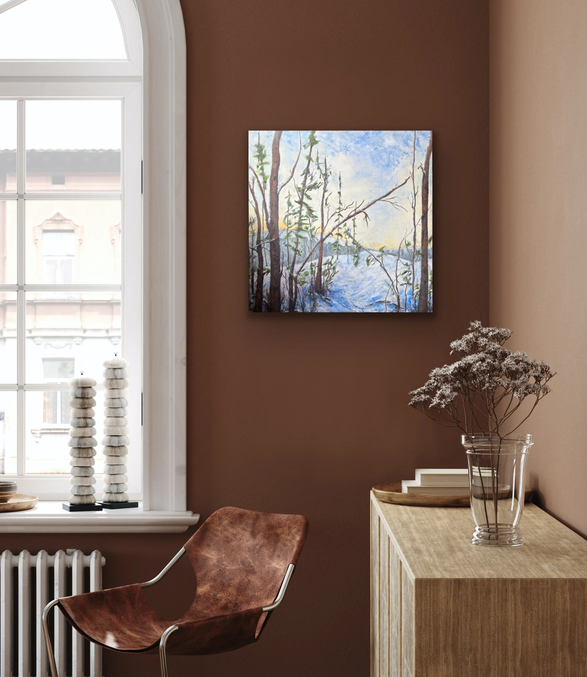 Cliffside in Winter  24" x 24  $950.  In Situ.  Available at Jonathon's Gallery, London, ON