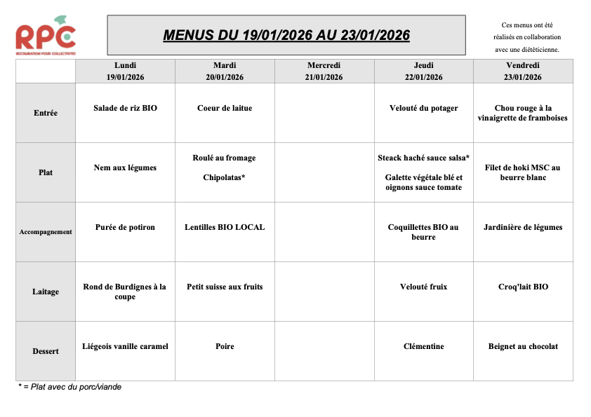 Menu hebdomadaire du 19 au 23 janvier 2026 détaillant les plats pour chaque jour, comprenant des entrées, plats principaux, accompagnements, laits et desserts, avec des options bio et végétariennes.