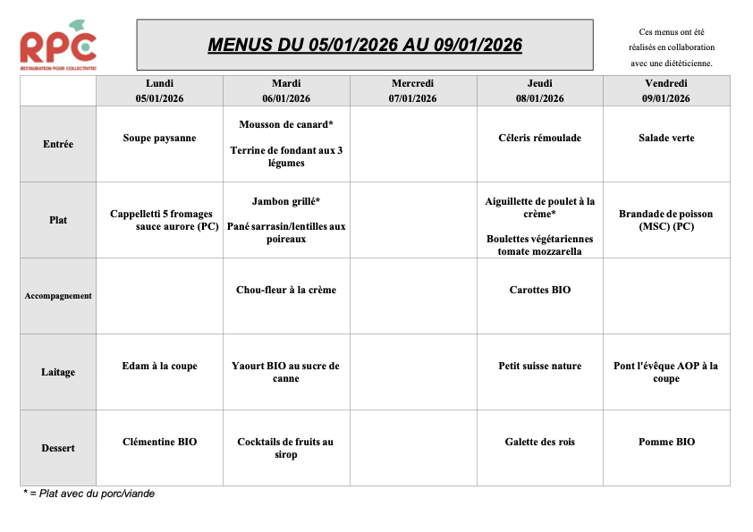 Menu hebdomadaire du 5 au 9 janvier 2026 avec plats, entrées, accompagnements, laits et desserts pour chaque jour, incluant des options végétariennes et bio.