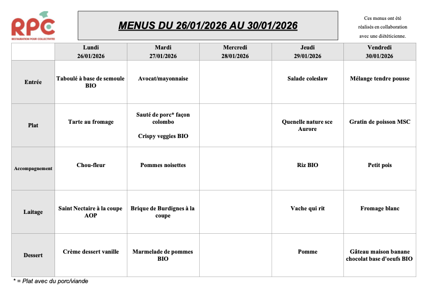 Menu hebdomadaire du 26 au 30 janvier 2026, comprenant des entrées, plats, accompagnements, laits et desserts pour chaque jour, avec des options bio et végétariennes.