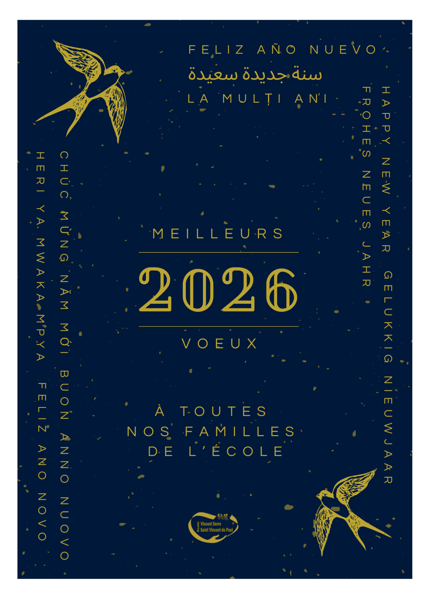 Carte de vœux pour l'année 2026, avec un fond bleu foncé, du texte en jaune doré, et deux oiseaux stylisés. Texte en plusieurs langues souhaitant une bonne année et de bonnes fêtes à toutes les familles.